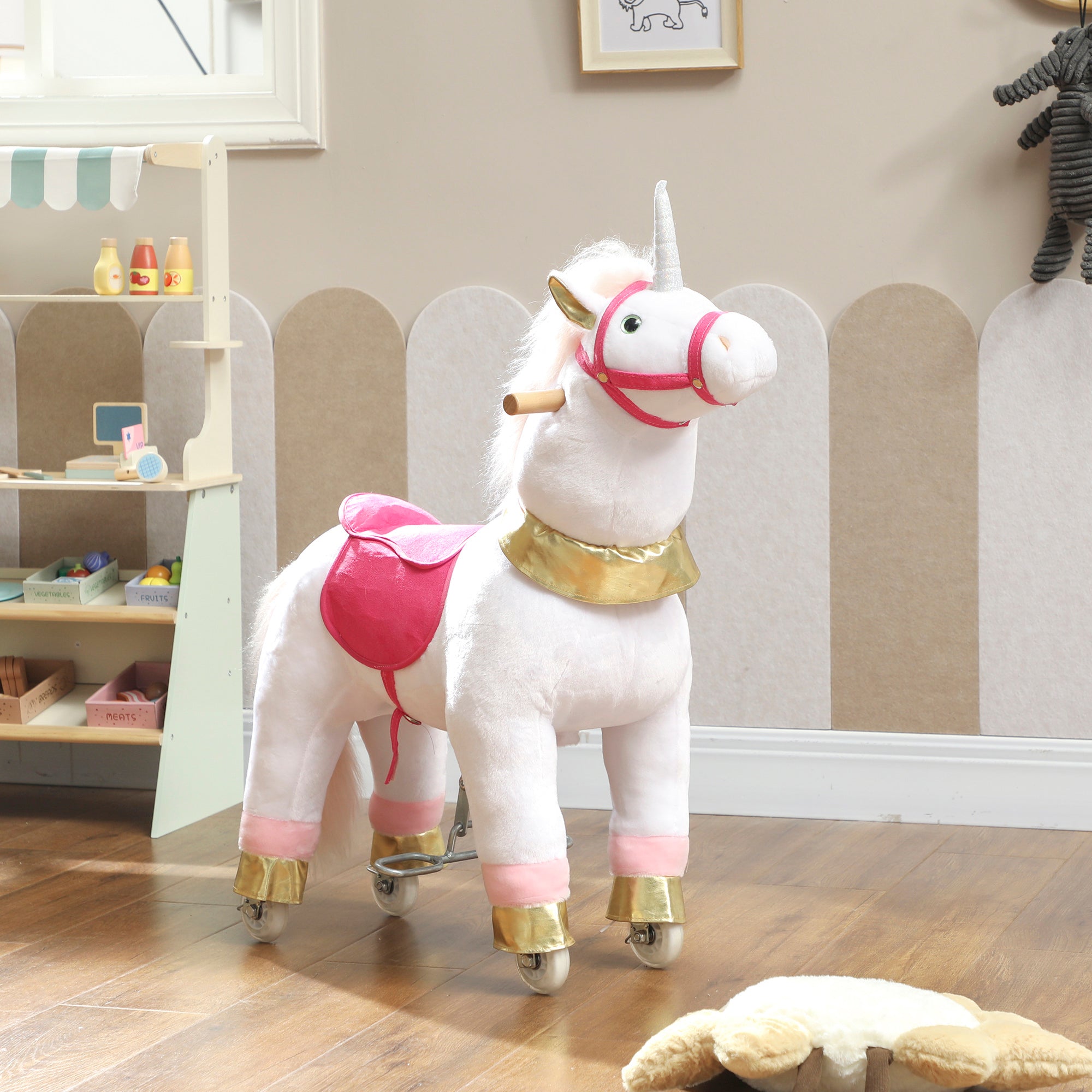 Ride on Unicorn Toy for Kids 3-5 Years, 29.5 Inch Plush Baby Rocking Horse with Wheels, No Battery Required, White