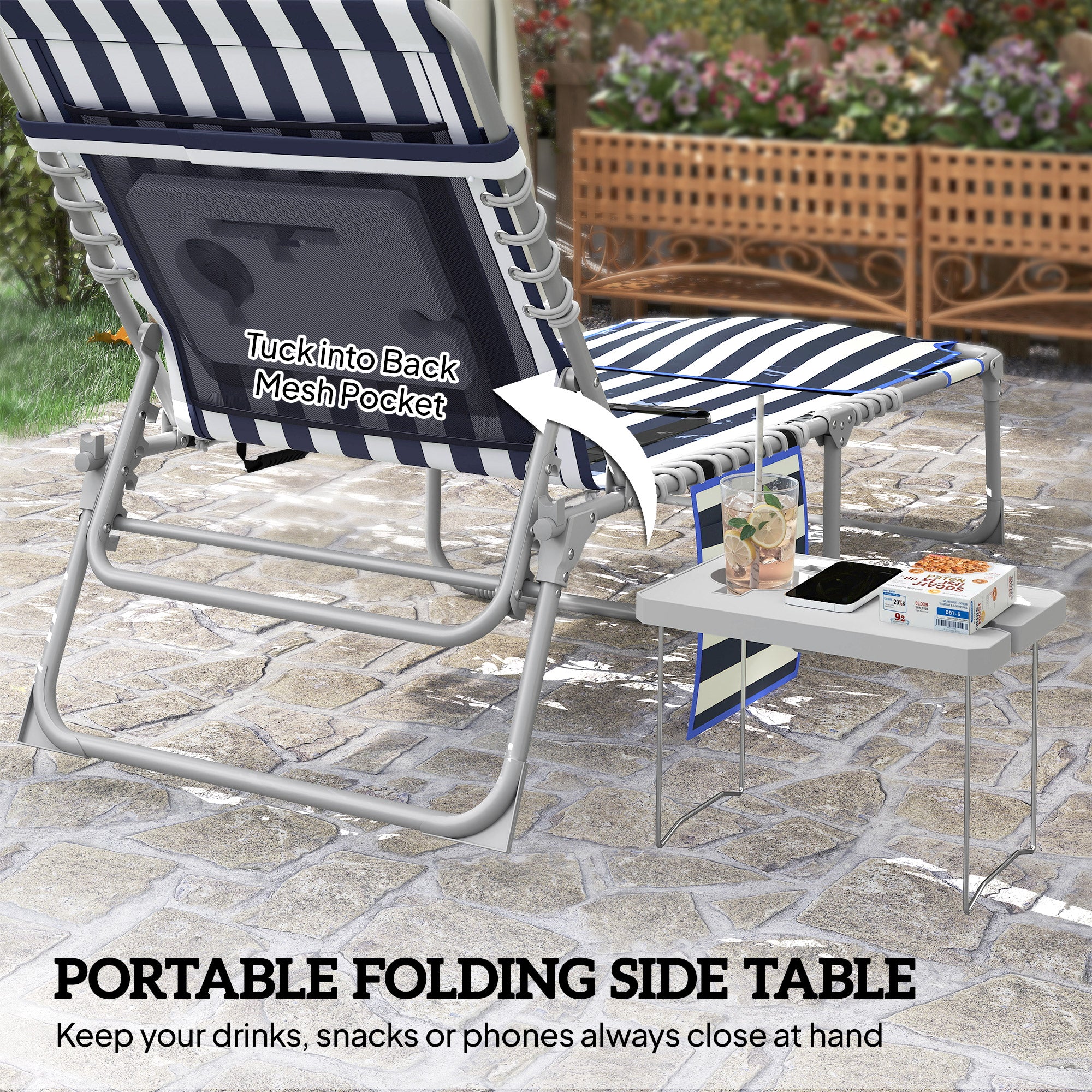 Tanning Chair Set of 2 with Face Hole and Side Table, 5-Position Folding Outdoor Chaise Lounge Chair, Blue and White