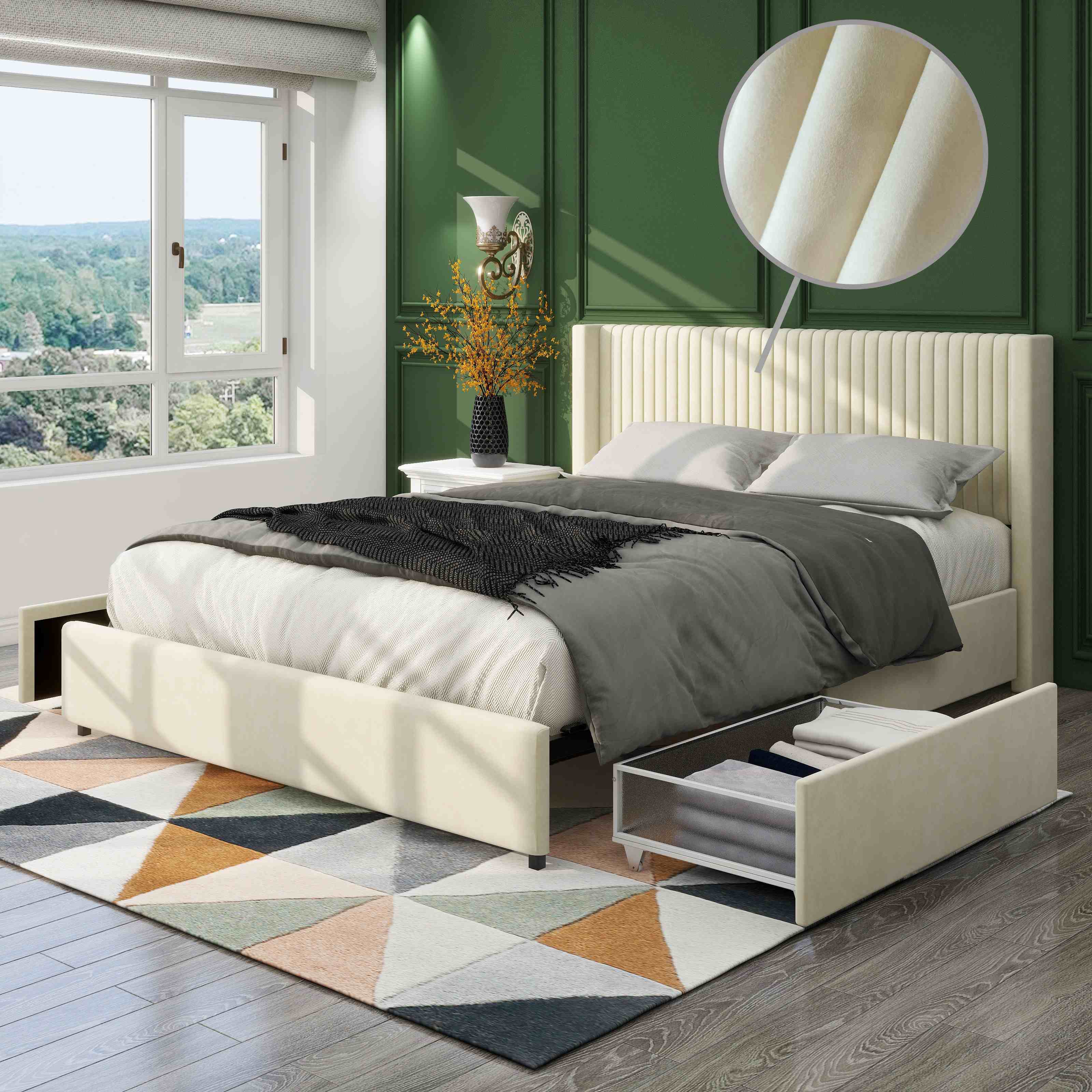 Queen Size Velvet Upholstered Platform Bed Frame with 2 Drawers, Wingback Headboard, Wooden Slat Support, No Box Spring Needed, 84.4″ L x 64.7″ W x 39.0″ H, Ivory