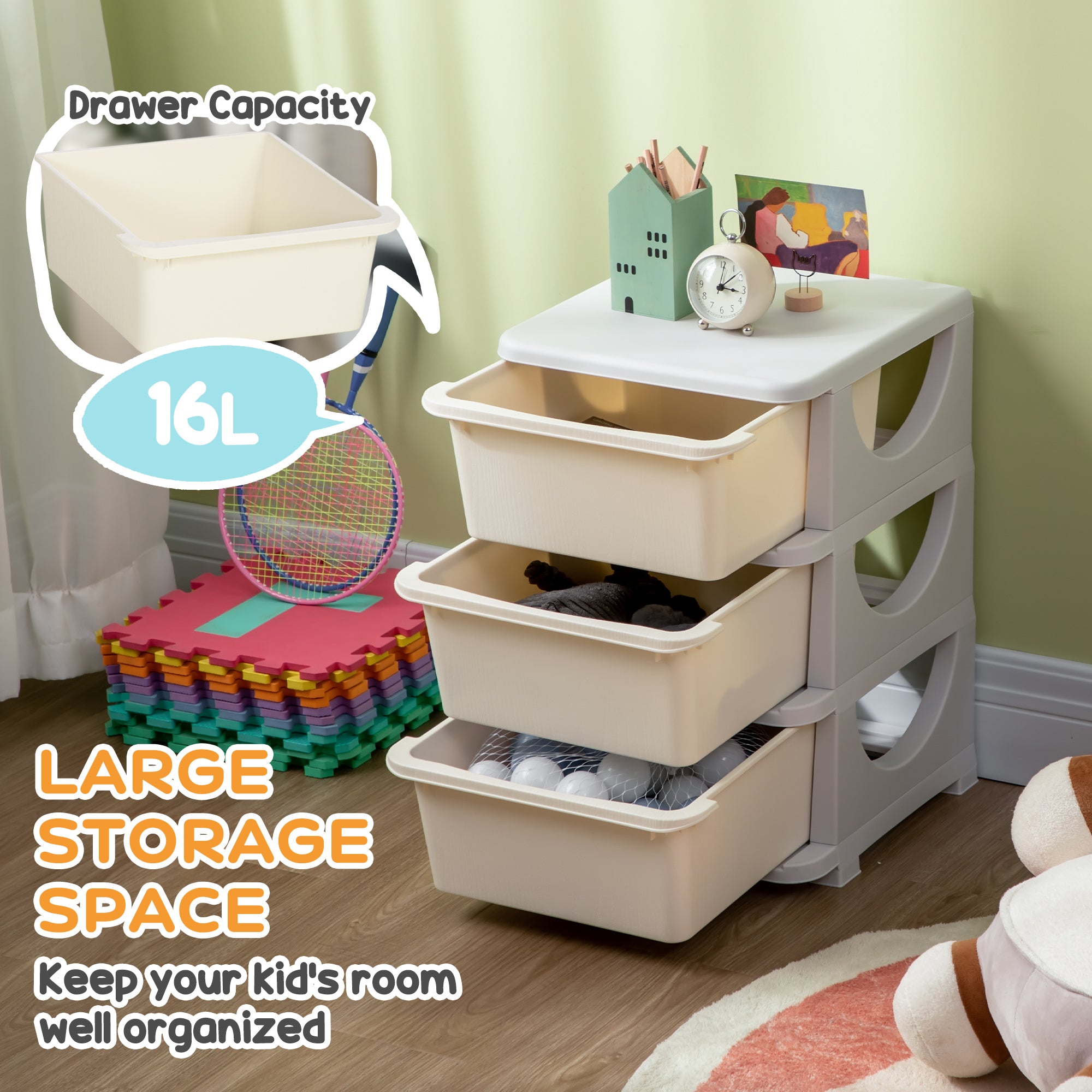 3 Drawers Kids Storage Unit, 3 Tier Stackable Toy Organizers and Storage Chest for Bedroom, Nursery, Playroom, Living Room, Boys, Girls, Toddlers, Cream White