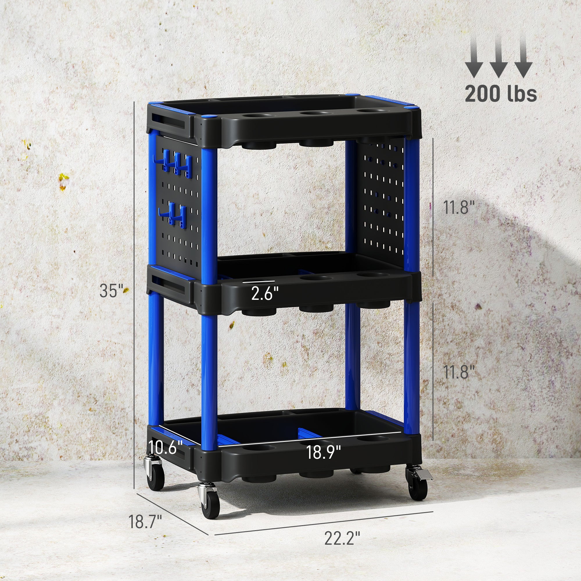 3-Tier Rolling Tool Cart, 200 LBS Capacity Plastic Utility Cart with Side Shelves for Garage Workshop, Black & Dark Blue