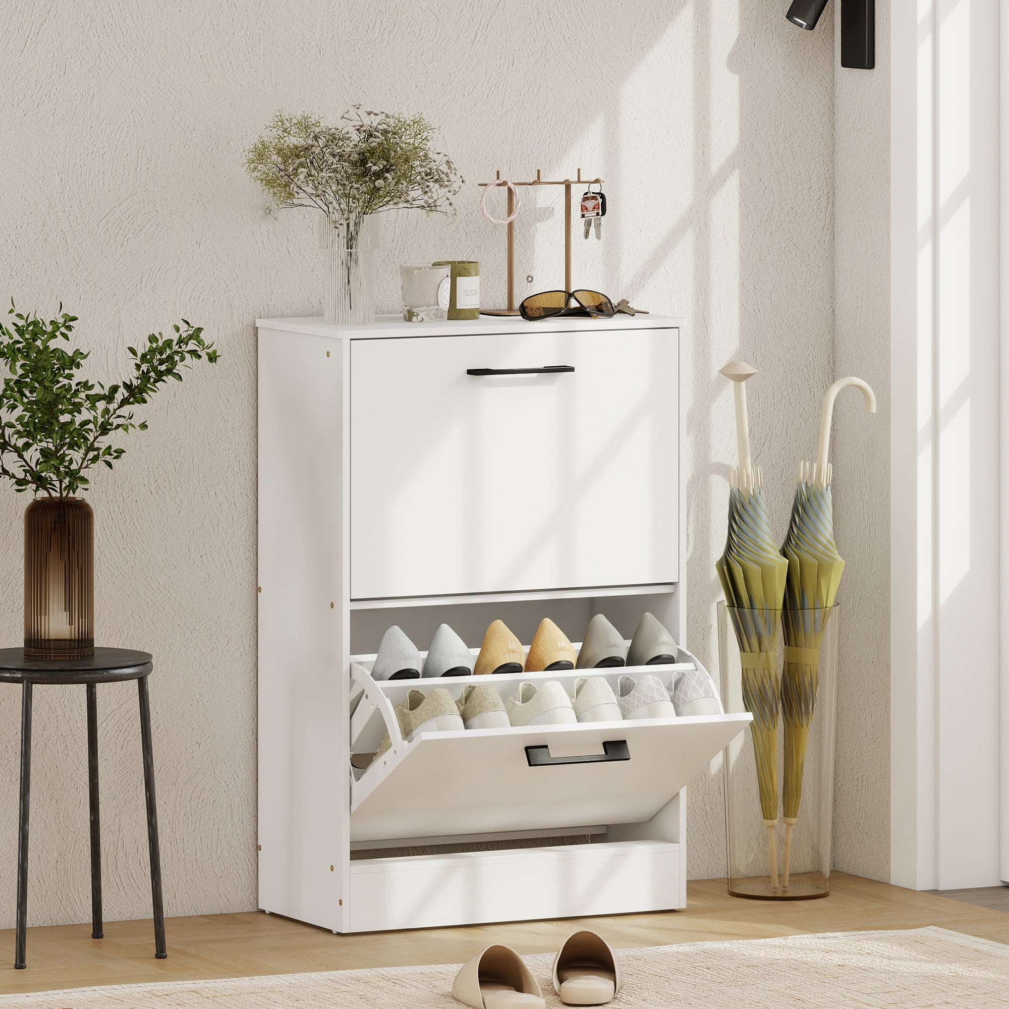 Shoe Cabinet 2 Flip Drawers Narrow Shoe Storage Unit Adjustable Dividers Entryway Hallway White