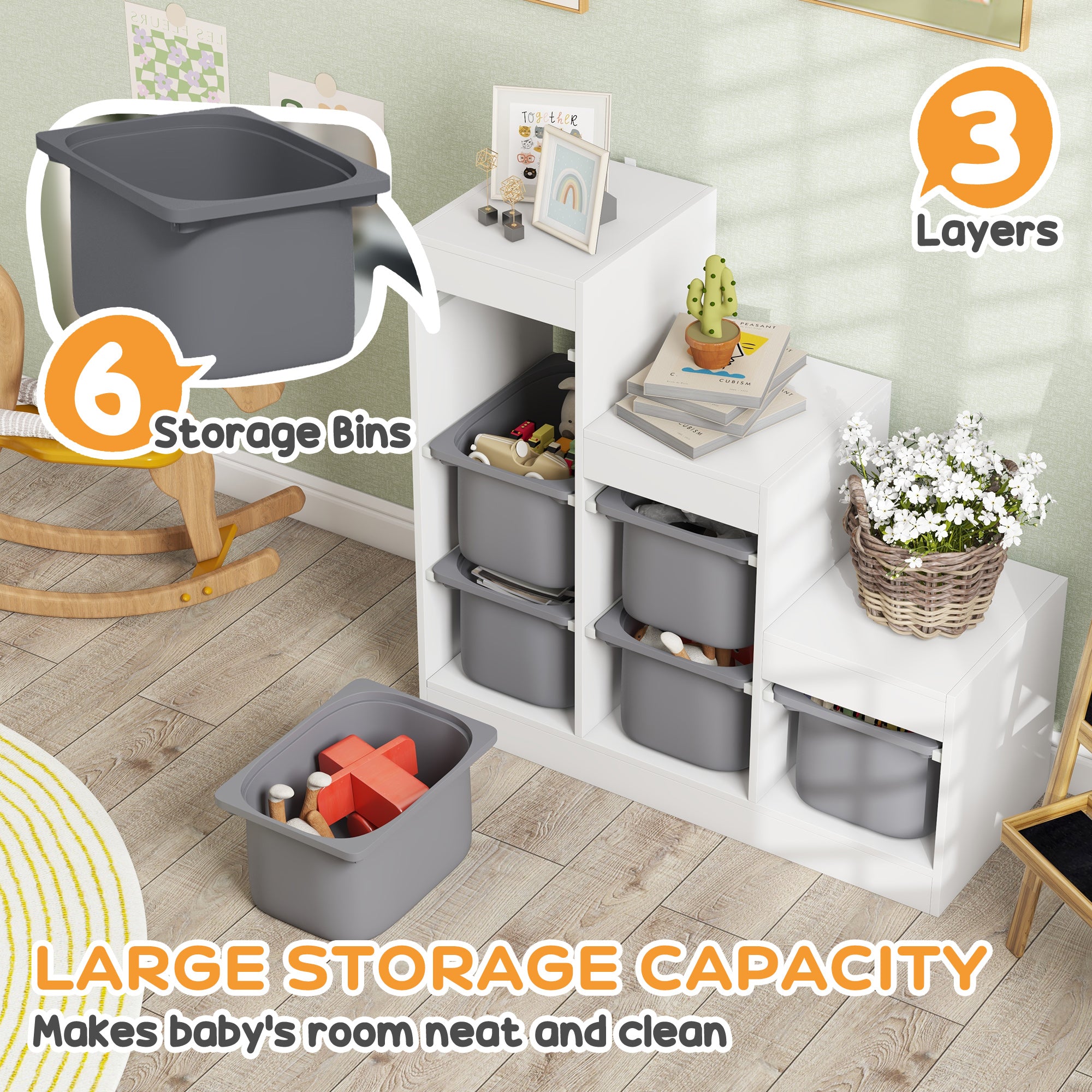 3 Layers Kids Toy Storage Organizer with 6 Storage Bins, Kids Bookshelf for Ages 3-8 Years, Play Room, Bedroom, Gray
