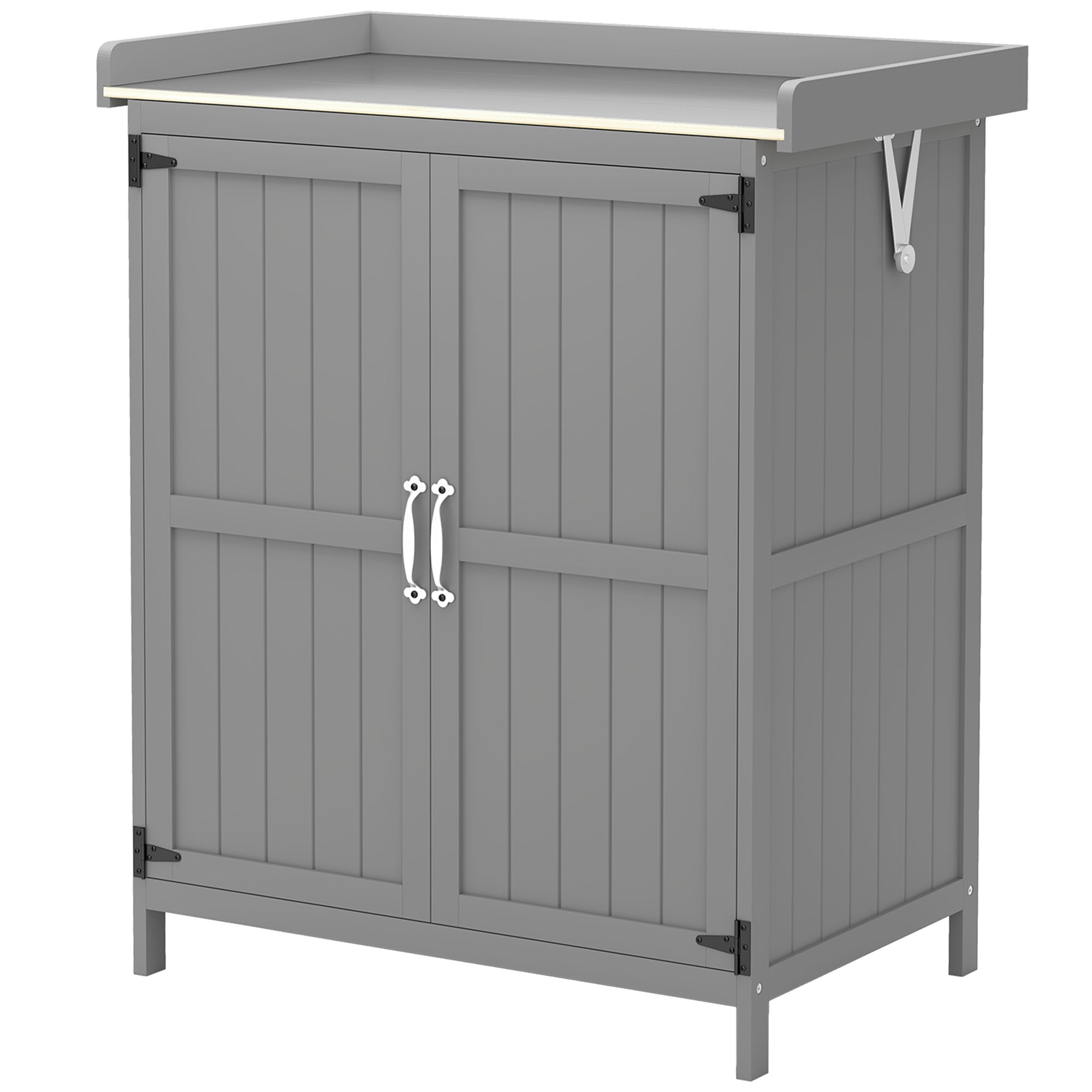 Outdoor Storage Cabinet, Garden Tool Shed with Metal Tabletop and Shelf, Wooden Potting Bench with 2 Doors, Gray