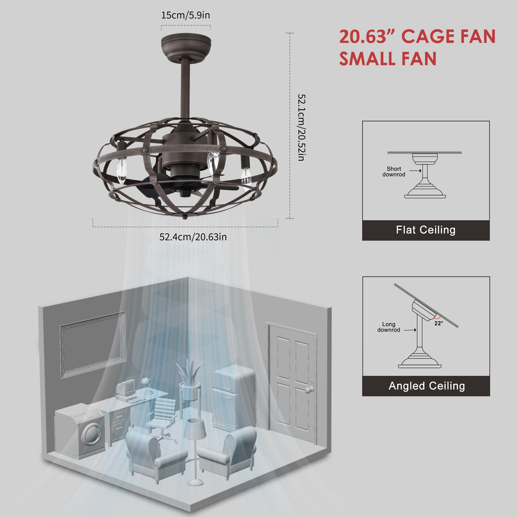 Modern Enclosed Ceiling Fan with Remote Control, Bladeless Design, 3 Speeds, Reversible Direction, and Timer, Includes 2 Down Rods and Lamp Shade, Matte Black