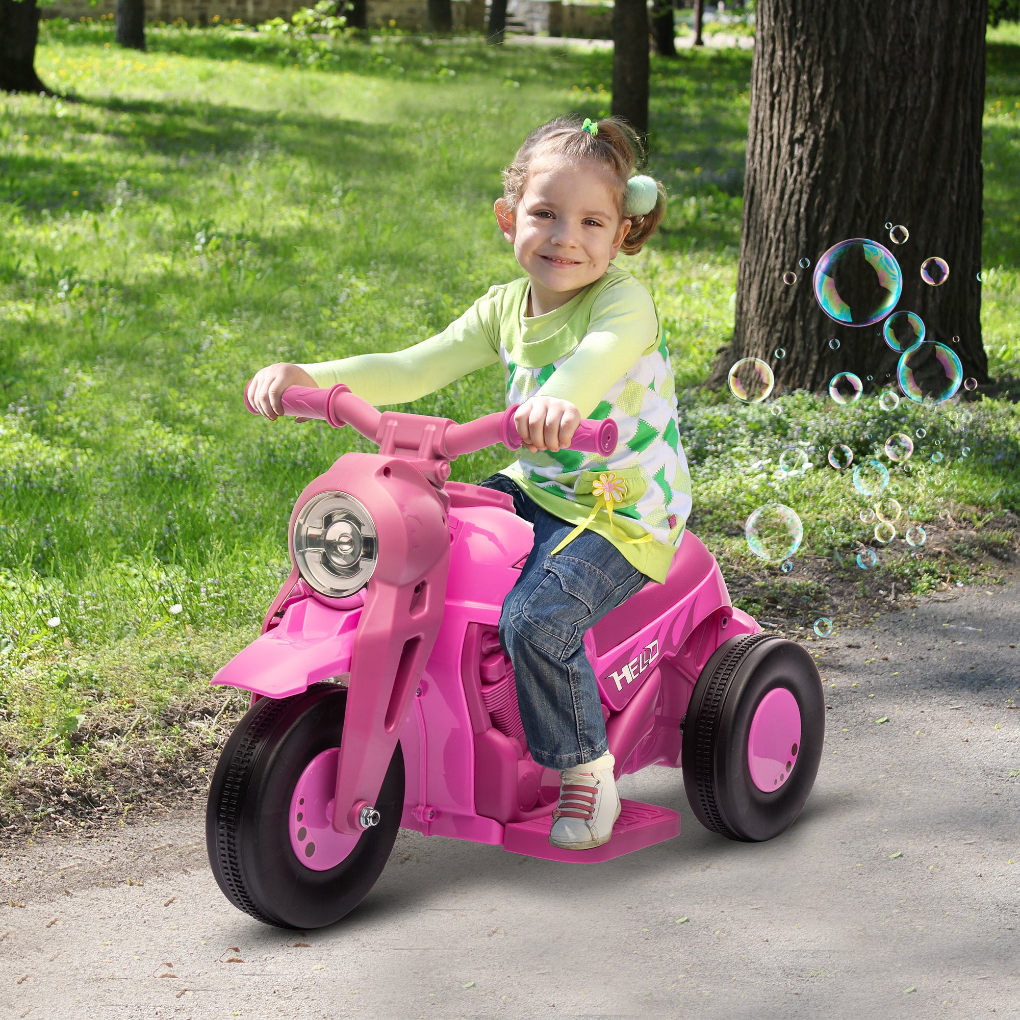 Ride On Motorcycle, 6V Ride on Bubble Car, 3 Wheeled Electric Motorcycle for Kids w/ LED Headlight, Music, Pink