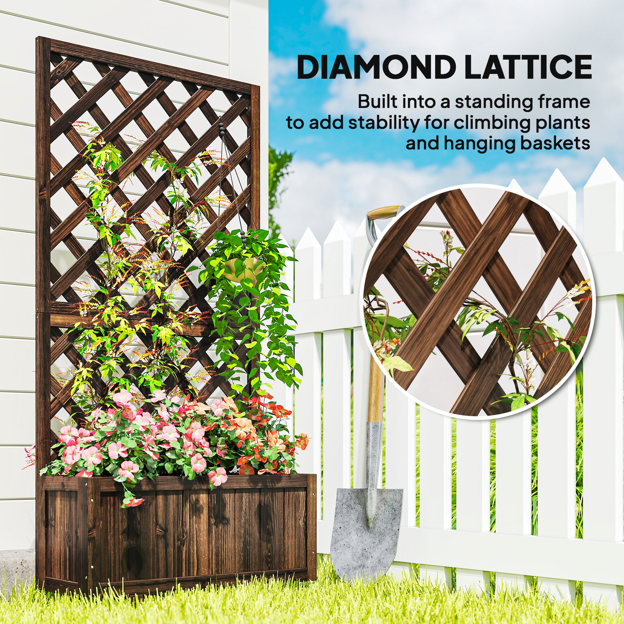 Wooden Raised Garden Bed Planting Planter Box with Trellis and Drain Holes for Climbing Vine Plants, Brown
