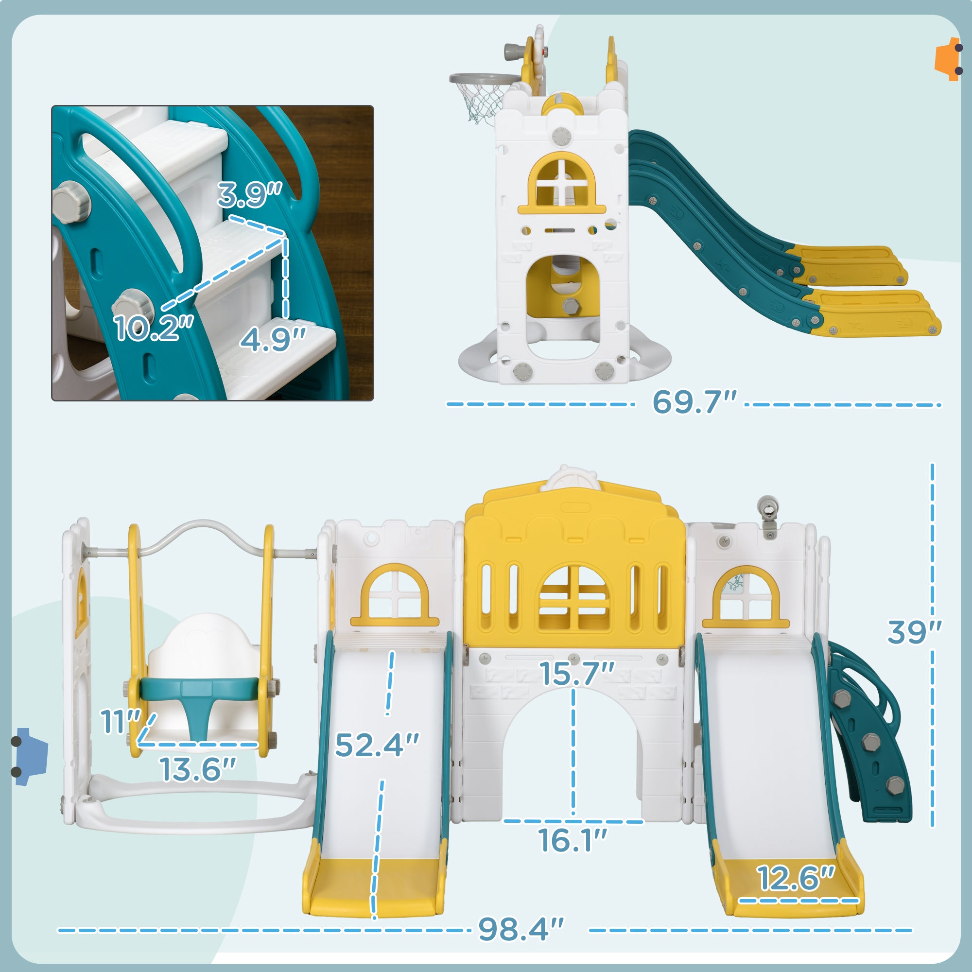 8 in 1 Toddler Slide and Swing Set w/ 2 Slides, Basketball Hoop, Climber, Storage Space Telescope, Yellow