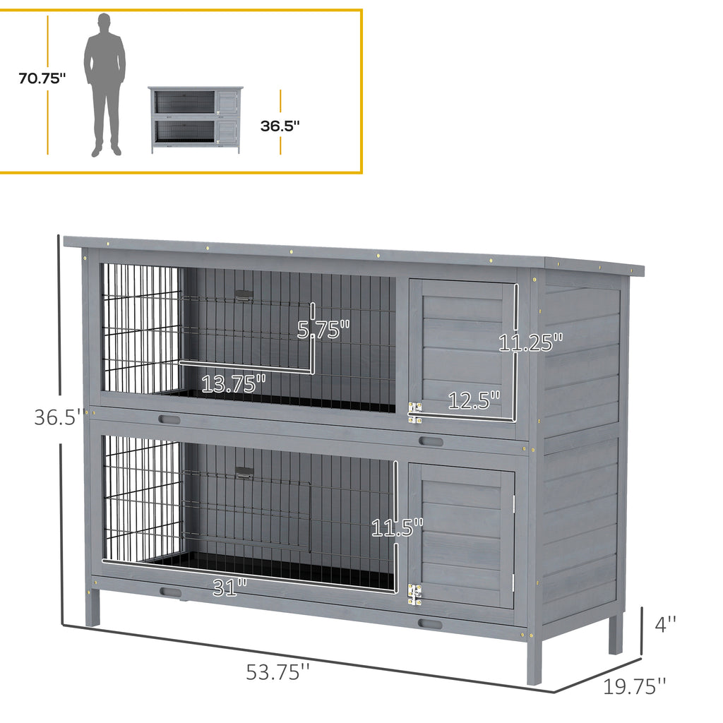 54" 2-Story Large Rabbit Hutch Bunny Cage Wooden Pet House Small Animal Habitat Lockable Doors, Tray, Roof, Gray