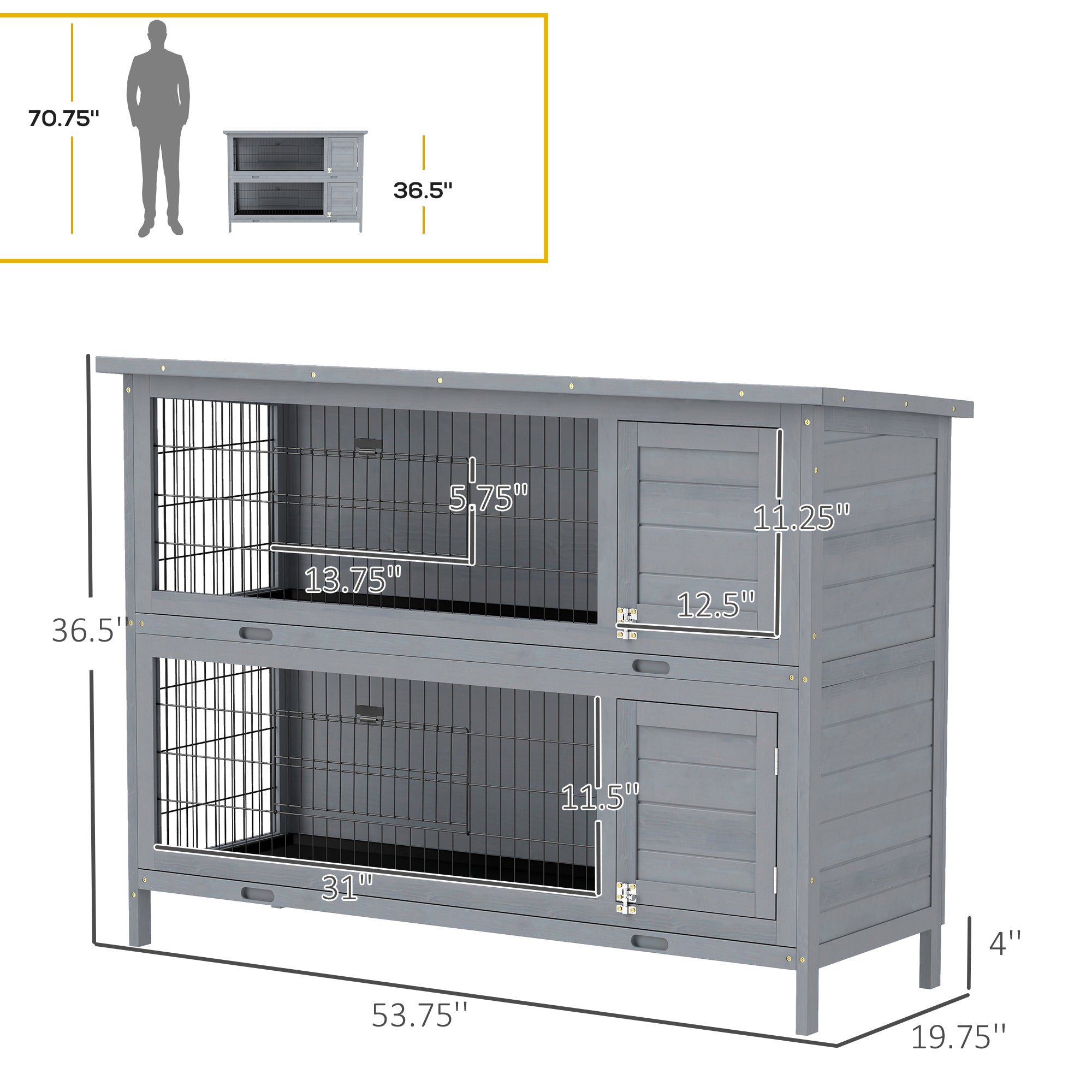 54" 2-Story Large Rabbit Hutch Bunny Cage Wooden Pet House Small Animal Habitat Lockable Doors, Tray, Roof, Gray