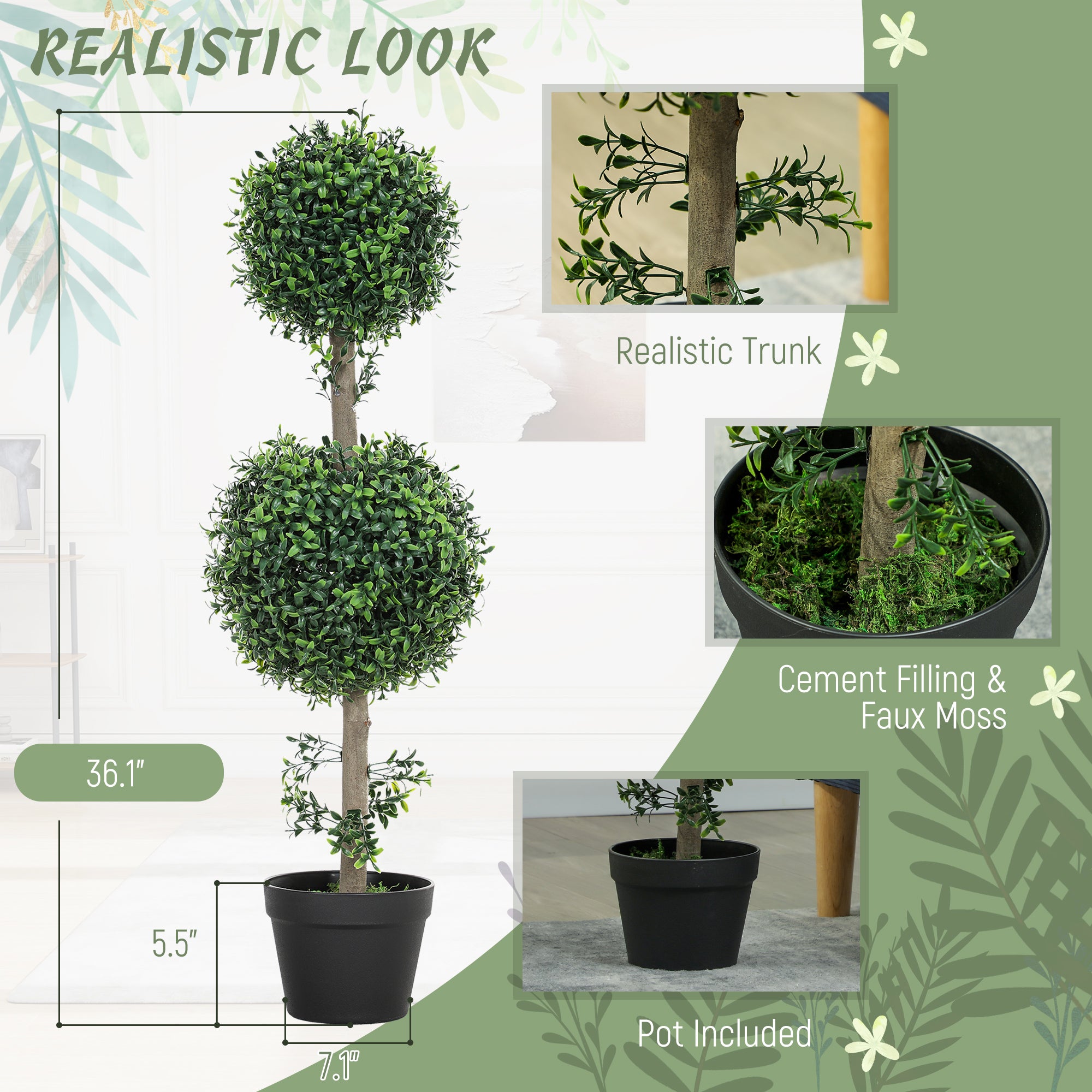 Set of 2 Artificial Ball Boxwood Topiary Trees, Fake Plants in Pot for Indoor Outdoor Living Room Green