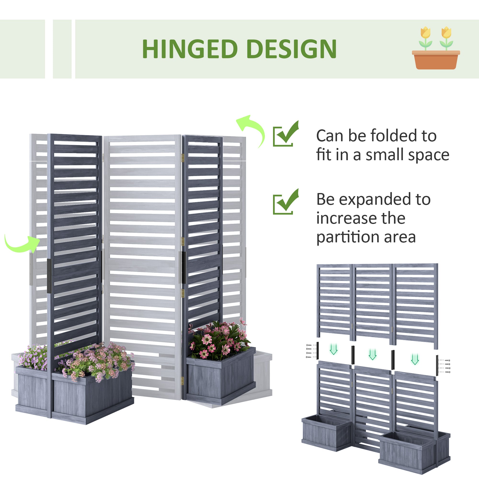 Wood Privacy Screen w/ 4 Planter Box, Raised Bed w/ 3 Panels & Drainage Holes