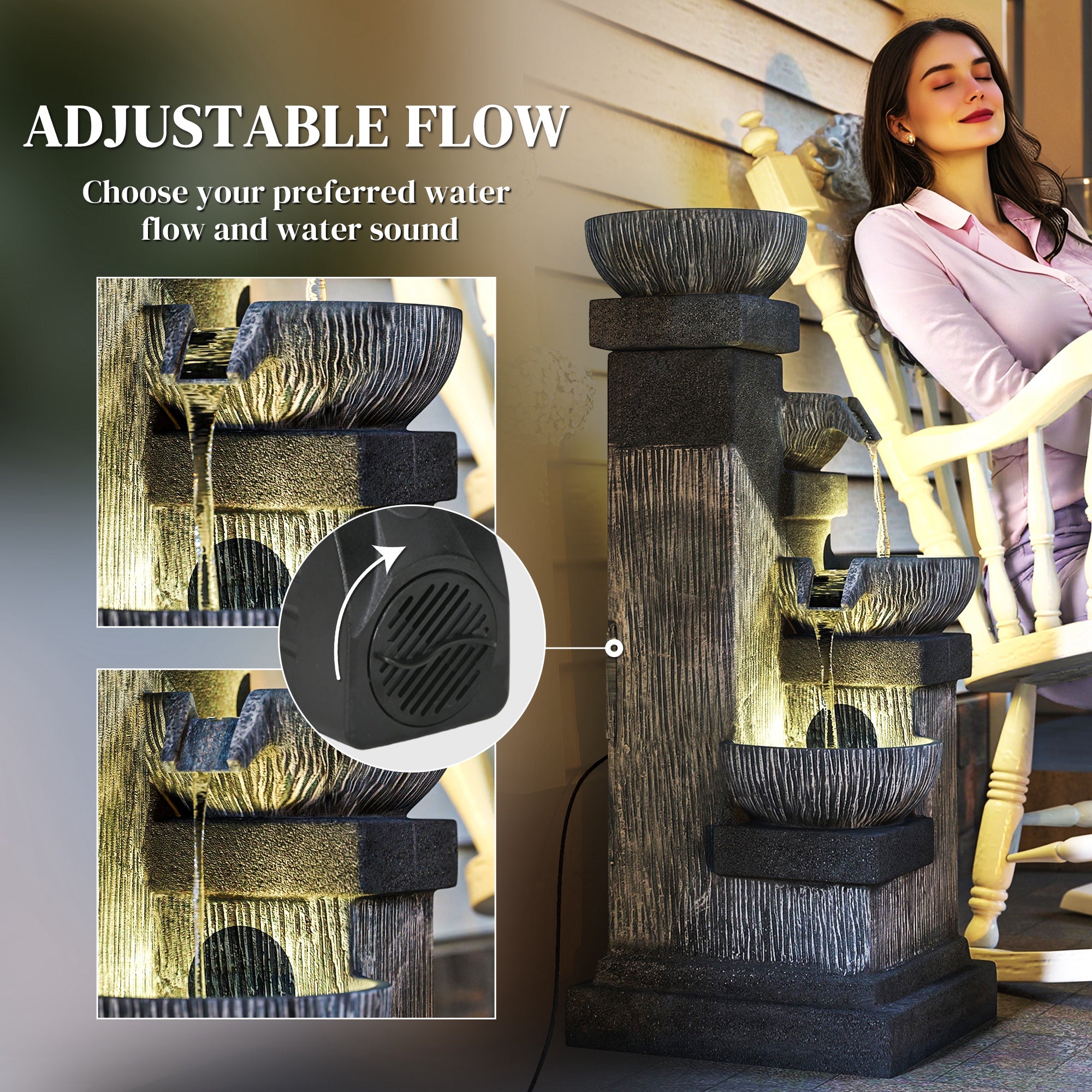 33.5" Water Fountain, 4-Tier Resin Cascading Bowls Outdoor Waterfall Fountain with LED Lights, Pump