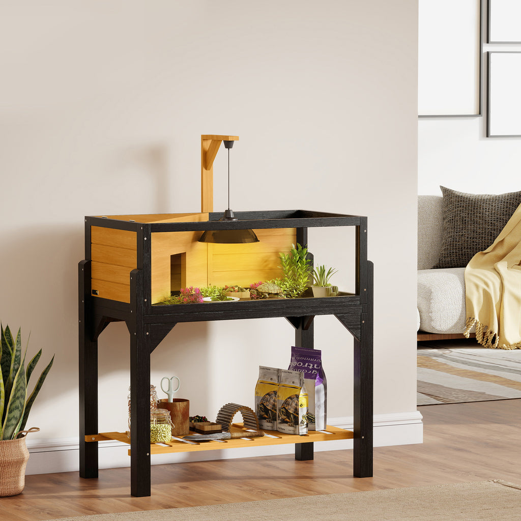 Wooden Tortoise Habitat with Storage Shelf, Tortoise Enclosure with Clear Windows, Openable Top, Lamp Holder, Yellow