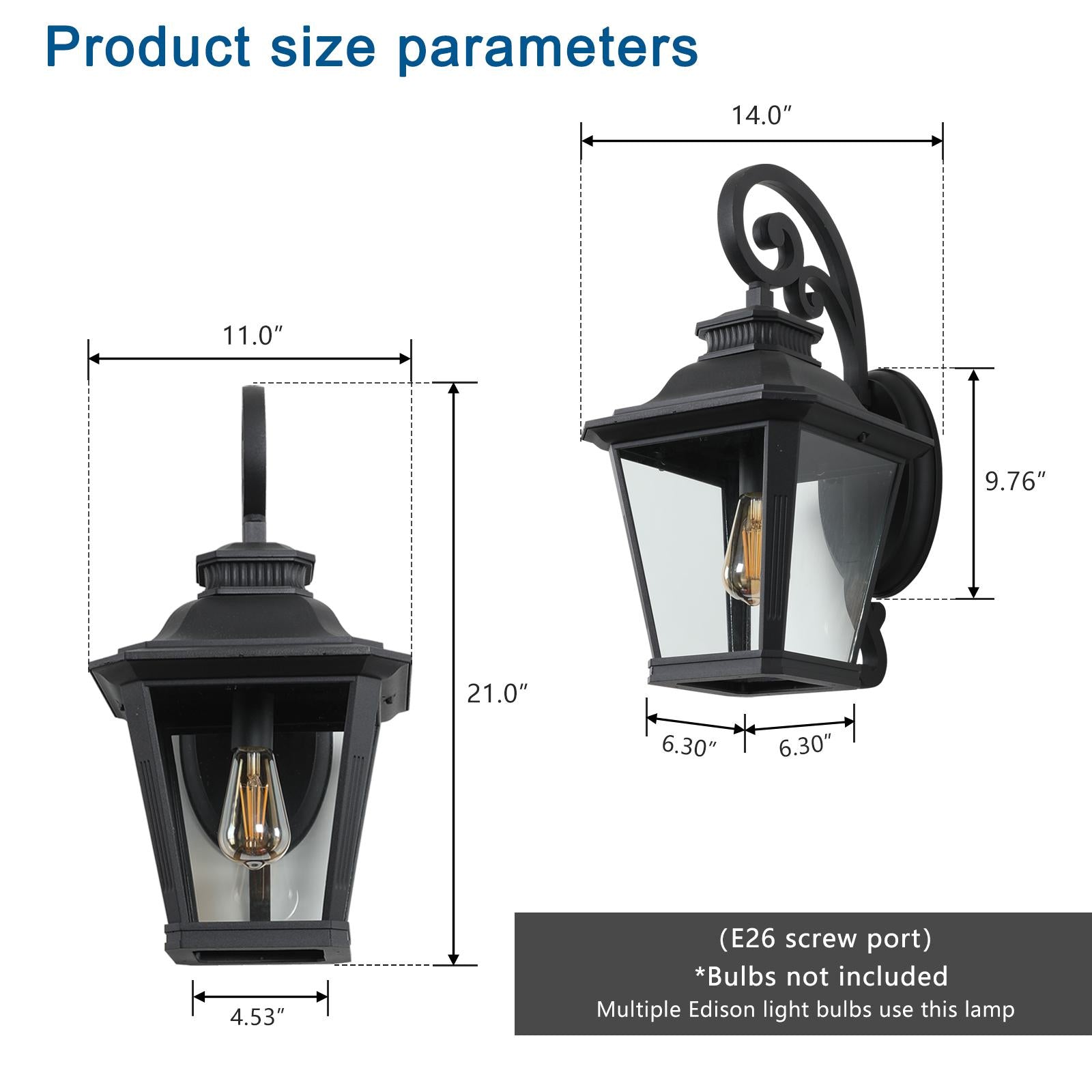 Outdoor Wall Lantern Light with Decorative Scroll Design, Clear Glass Sconce, Weather-Resistant Aluminium, 14" L x 11" W x 21" H, Black