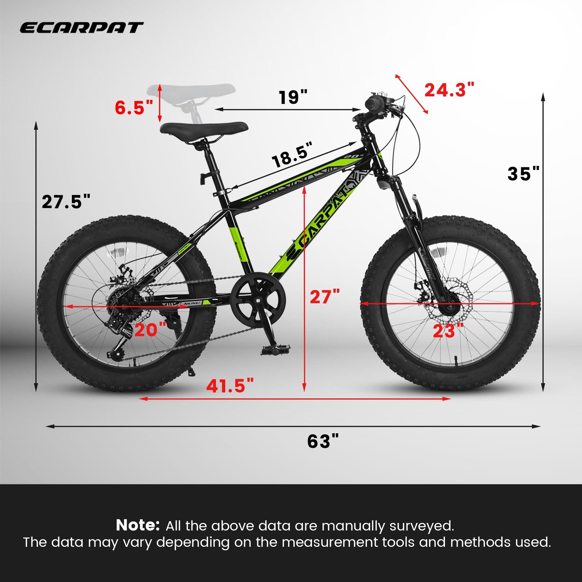 20" Kids' Fat Tire Mountain Bike with 7-Speed Drivetrain, and Shock-Absorbing Front Fork, for Ages 8-12, 63" L x 24.5" W x 35" H, Blackish Green