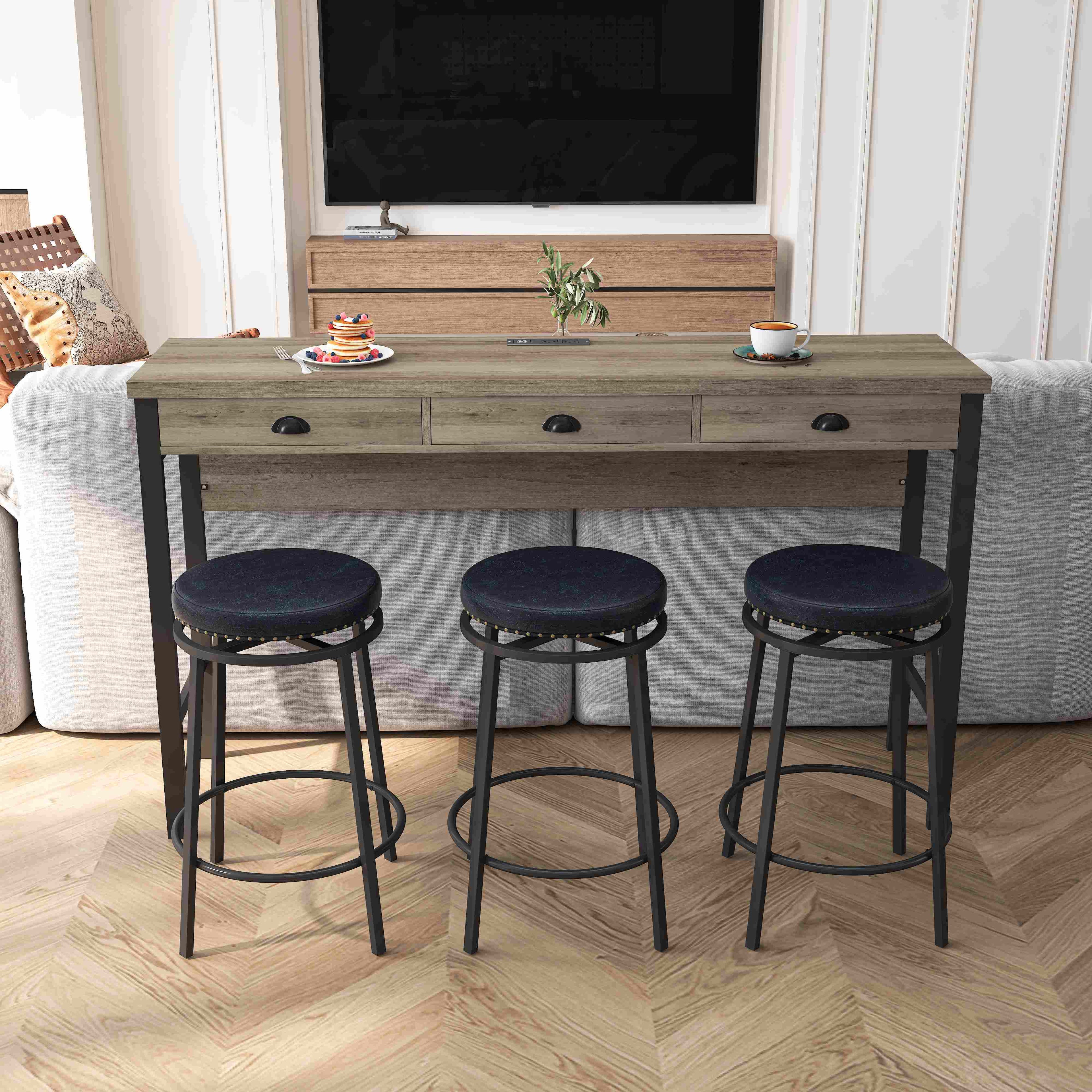3-Drawer Long Dining Table Set with Power Outlets, Circular PU Stools, Easy Assemble, 60.24"L x 15.75"W x 35.43"H, Black