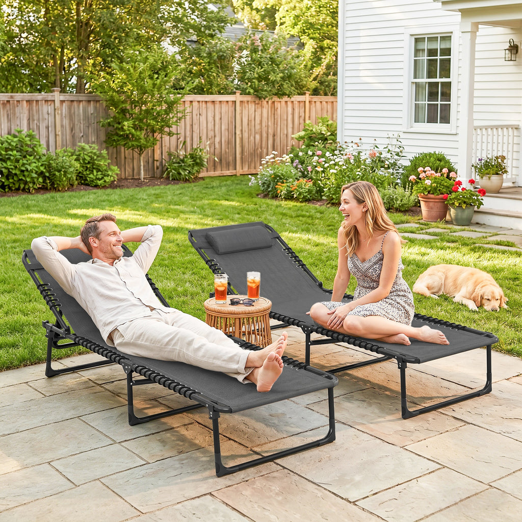 2 Folding Chaise Lounge Pool Chairs with 4-Position Reclining Back, Pillow, Breathable Mesh & Bungee Seat, Gray