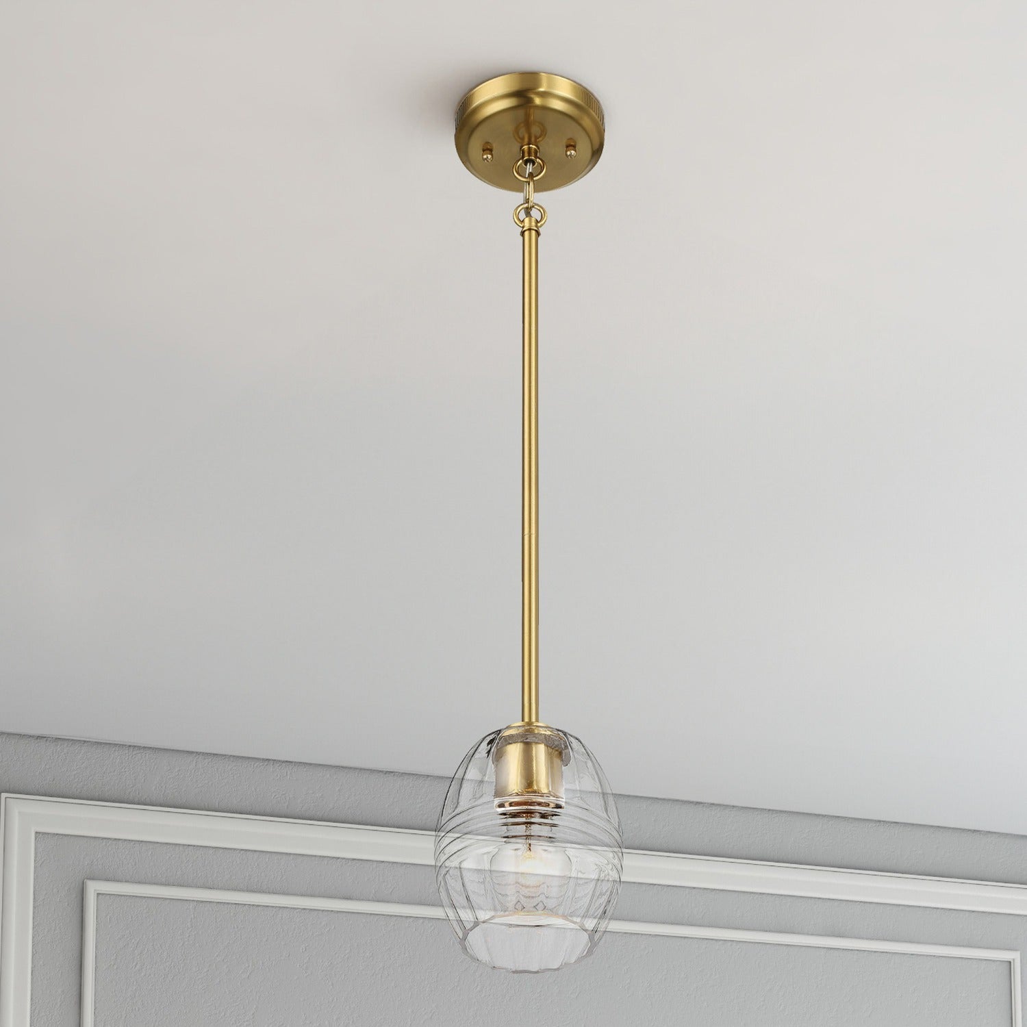 Single Pendant Chain Hanging Light with Clear Glass Shade, Satin Brass Finish, Ideal for Dining Room, Foyer, 5" L x 5" W x 7.5" H, Clear+Gold