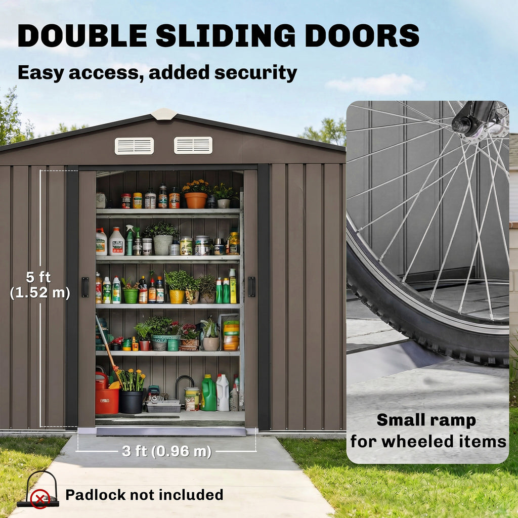 Outdoor Shed Garden Storage Shed Tool Storage Building with 4 Vents and 2 Sliding Doors, 9 x 6 FT, Brown