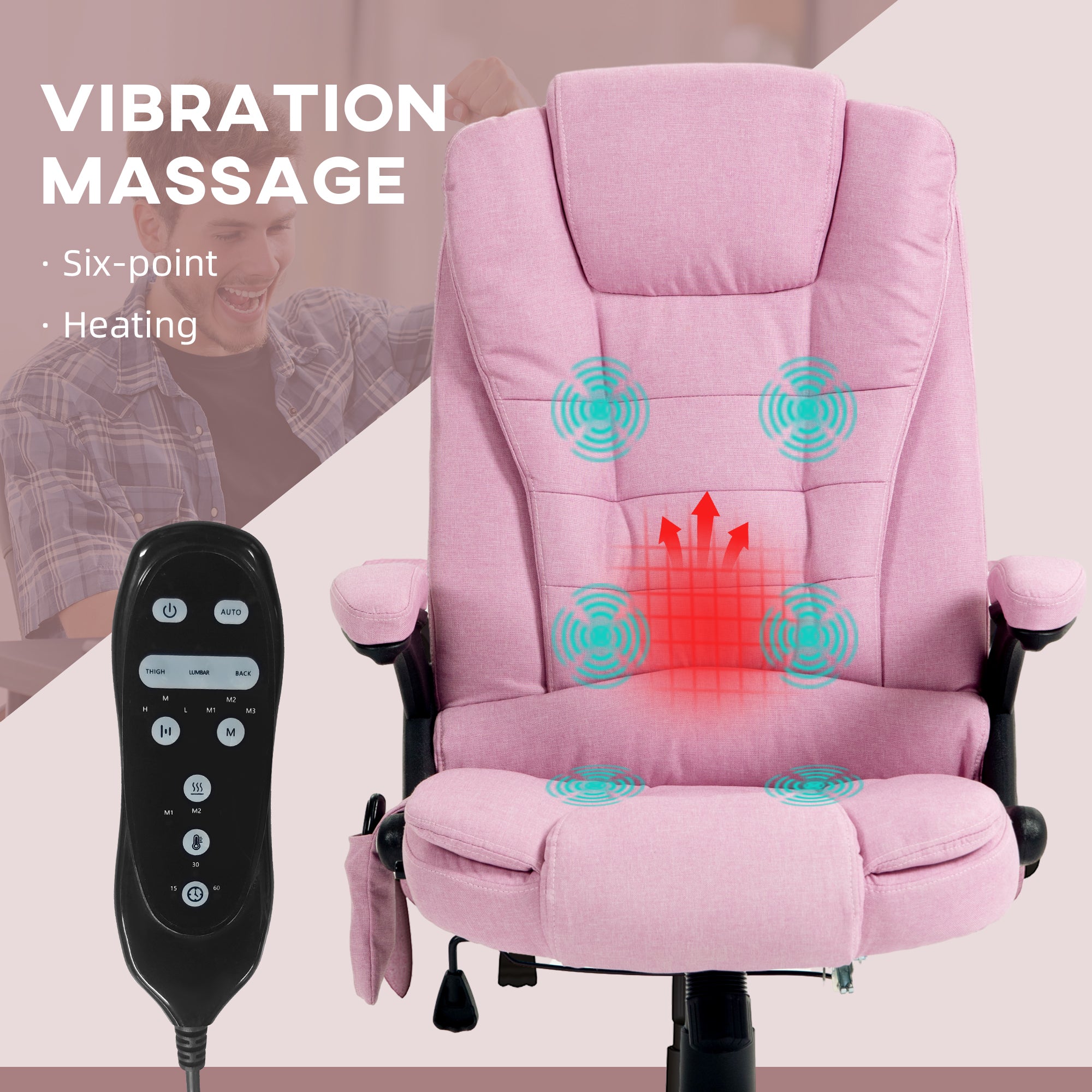 6 Point Vibrating Massage Office Chair with Heat, Linen High Back Massage Desk Chair with Reclining Backrest, Pink