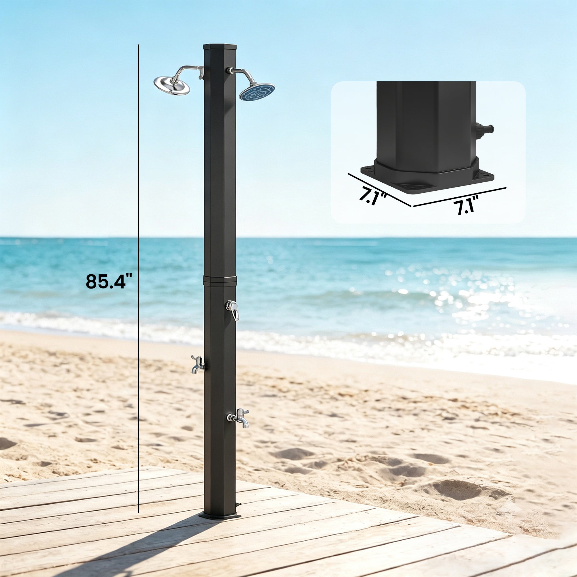 9.2 Gallon Slolar Heated Outdoor Shower with 2 Free-Rotating Shower Heads and Foot Showers for Poolside Beach Spa, 7.1ft