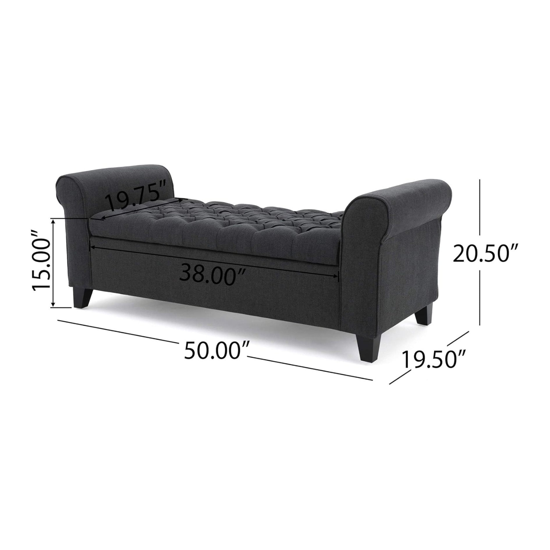 Contemporary Upholstered Ottoman with Rolled Arms and Pressure Hinges, Armed Storage Bench, Ideal for Small Spaces, 50" L x 19.5" W x 20.5" H, Dark Gray