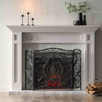 Retro style Fireplace Screen with Ornate Floral Iron Design and Three-Panel, No Assembly Required, 53.5" L x 2" W x 36.5" H, Black+Silver