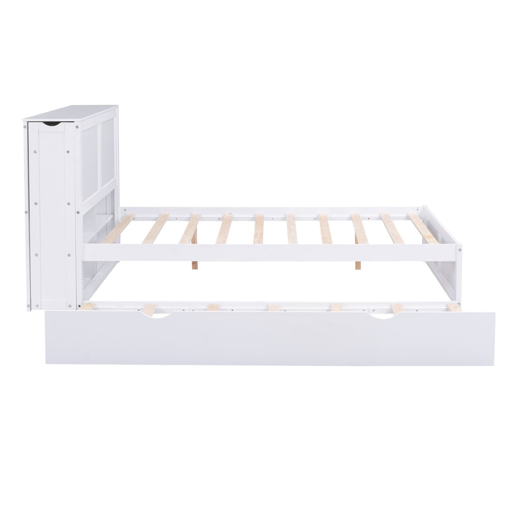 Full Size Storage Platform Bed with Pull Out Shelves, Twin Size Trundle, Solid Wood and MDF, 98" L x 89" W x 39.5" H, White