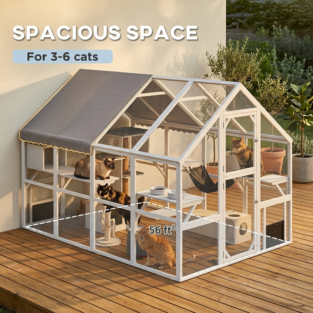 Wooden Catio Outdoor Cat Enclosure with Waterproof Cover, 2 Condos, 6 Platforms, Bridge, Doors, White