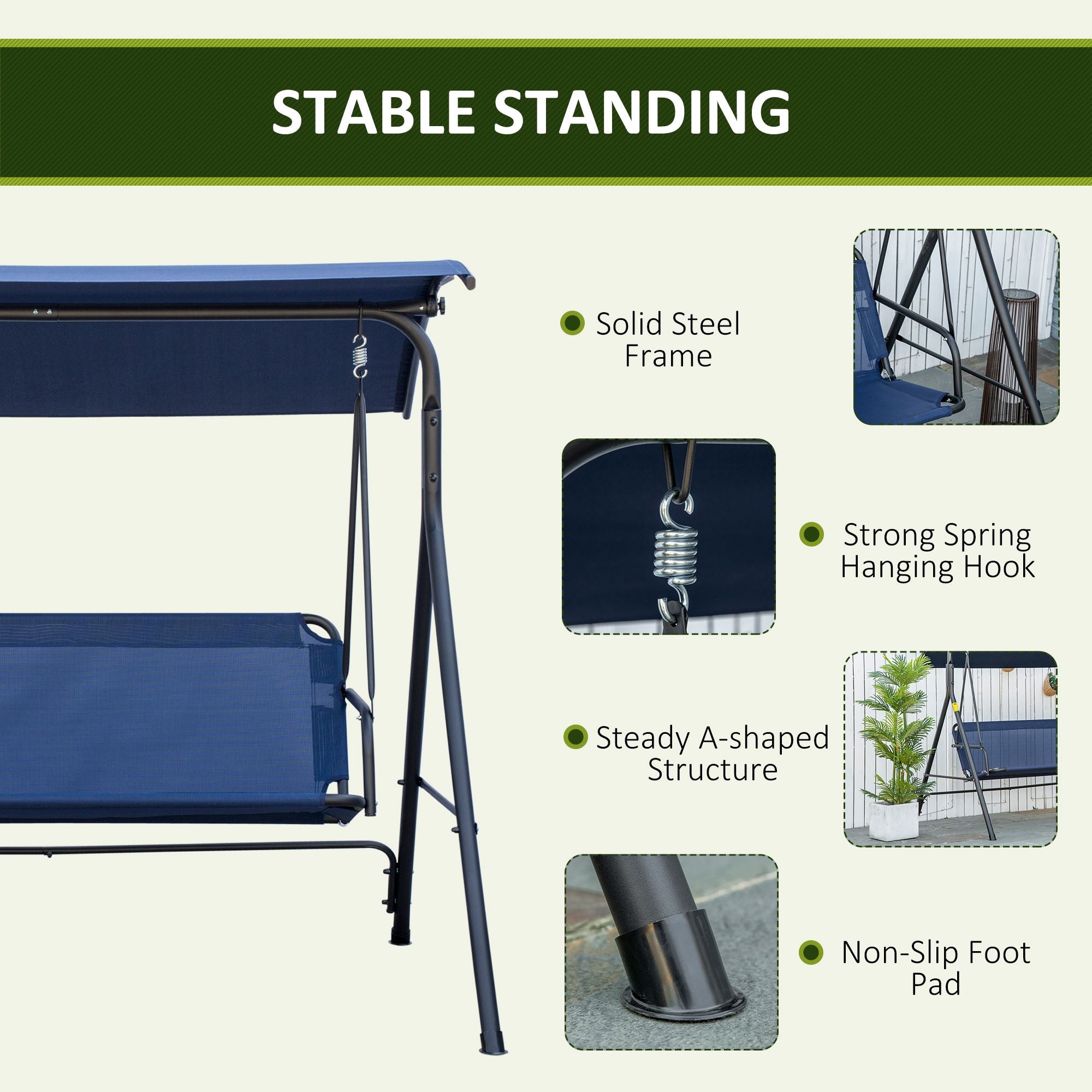 3-Person Porch Swing with Stand, Outdoor Swing for Patio Porch with Adjustable Tilt Canopy and Comfortable Swing Bench-Style Seat, Steel Frame, Dark Blue
