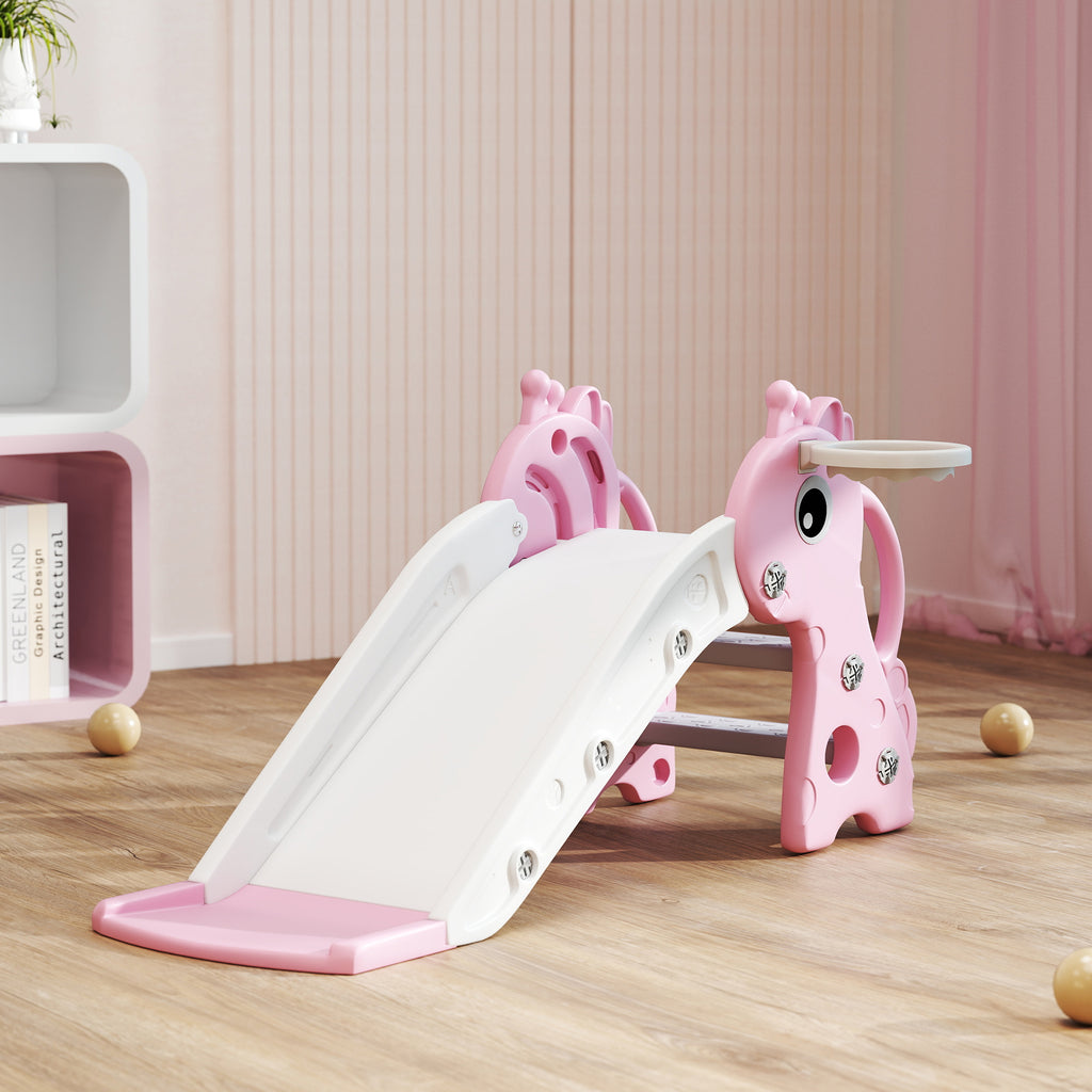 3-in-1 Toddler Slide for Age 1-3, Freestanding Kids Slide with Climber, Basketball Hoop and Ball, Giraffe Design, Pink
