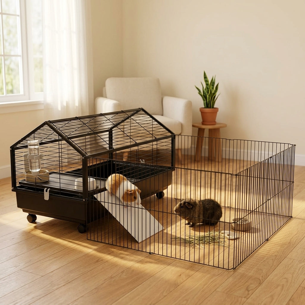 Small Animal Playpen Cage with Rolling Caster, Water Bottle 46.5"