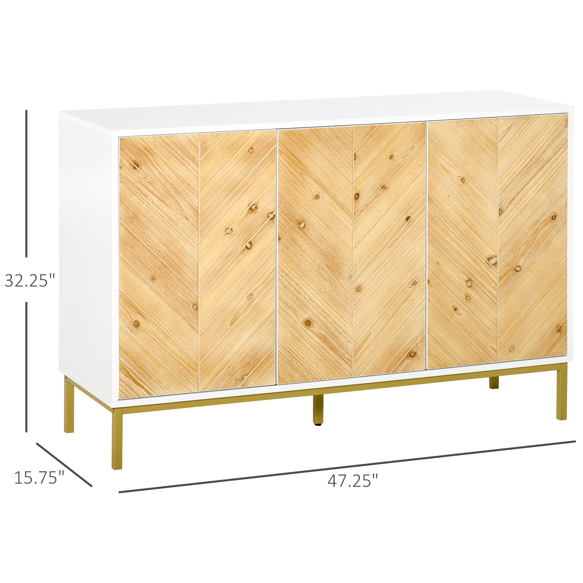 3 Door Sideboard Buffet Cabinet, Coffee Bar Cabinet with Chevron Pattern, Adjustable Shelf and Metal Legs, Natural Wood