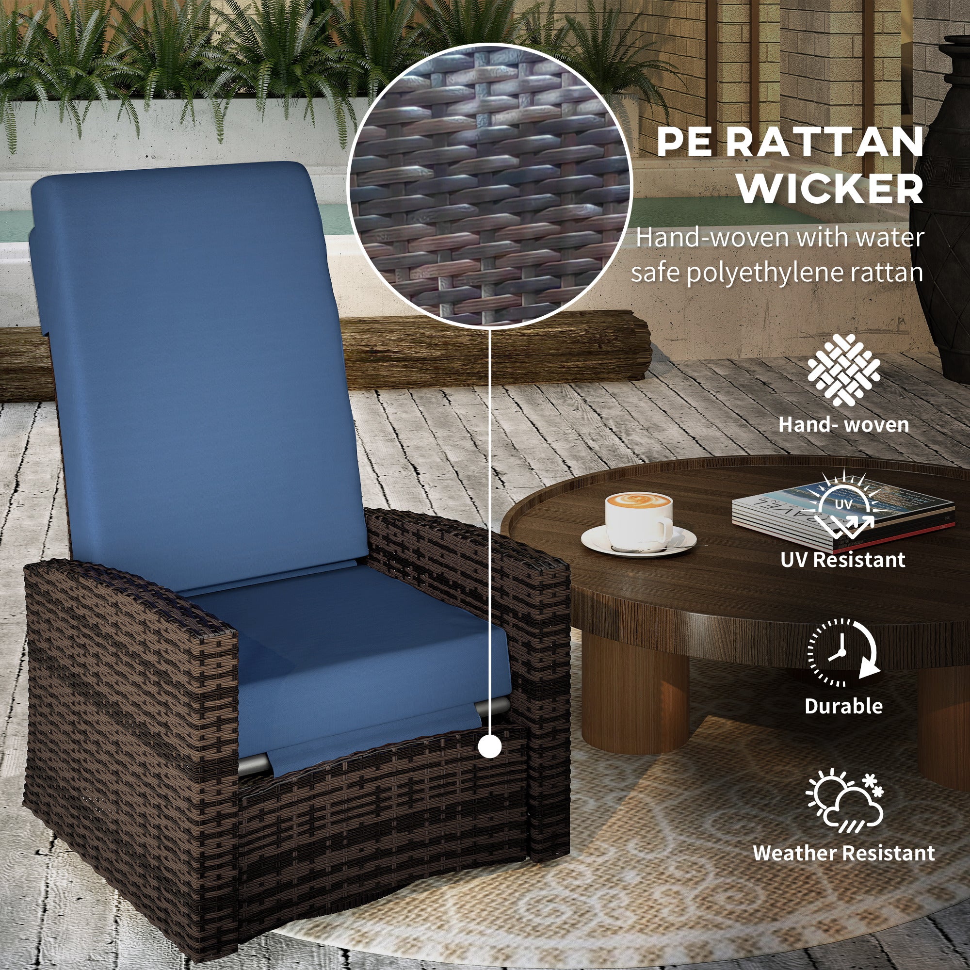 Outdoor Wicker Swivel Recliner Chair, Lifting Footrest, 360° Rotating Basic, Water-resistant Cushions, Dark Blue