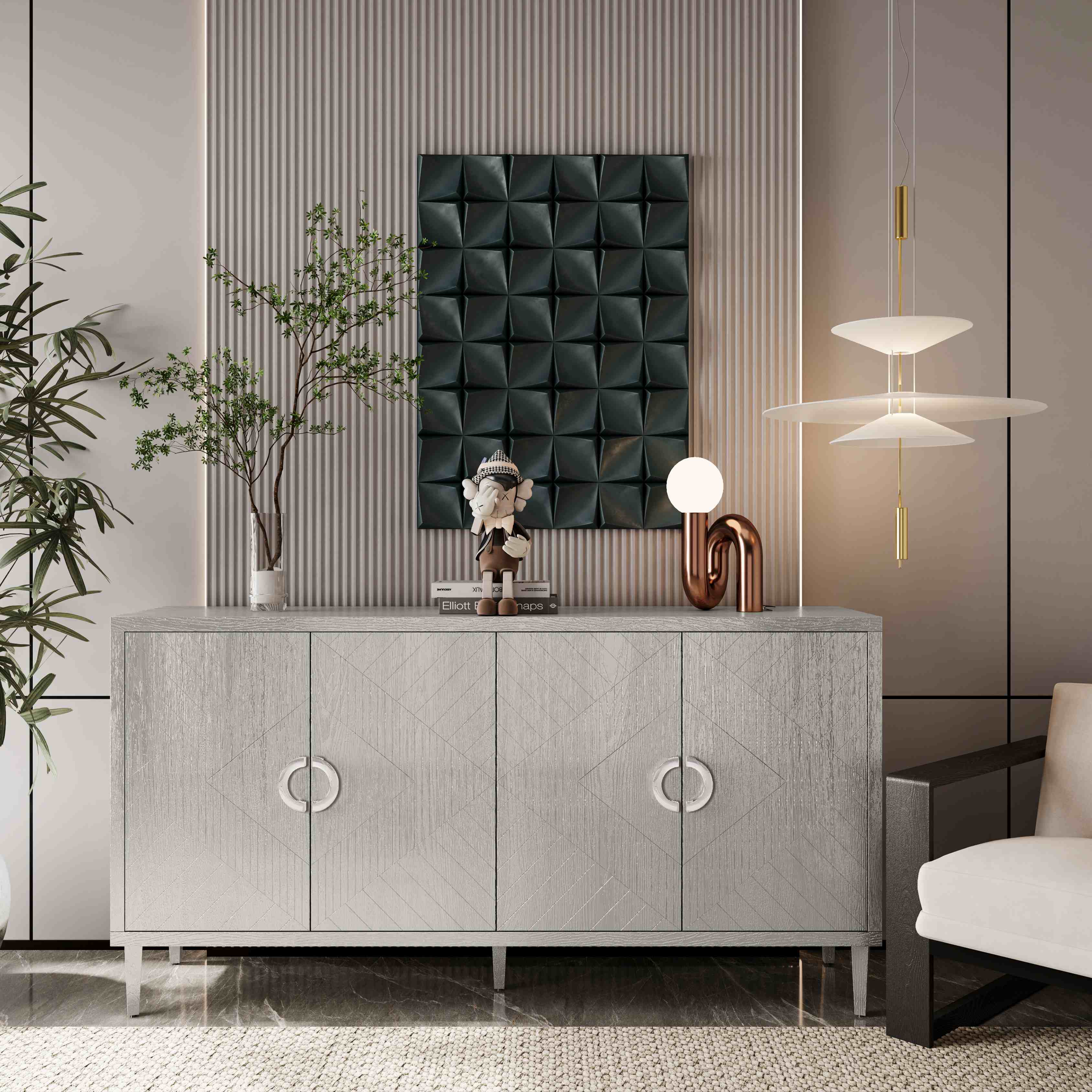 Stylish 4-Door Storage Cabinet with Pine Legs and MDF, Durable Construction, Versatile Use, 59.84"L x 15.75"W x 32.48"H, Champagne