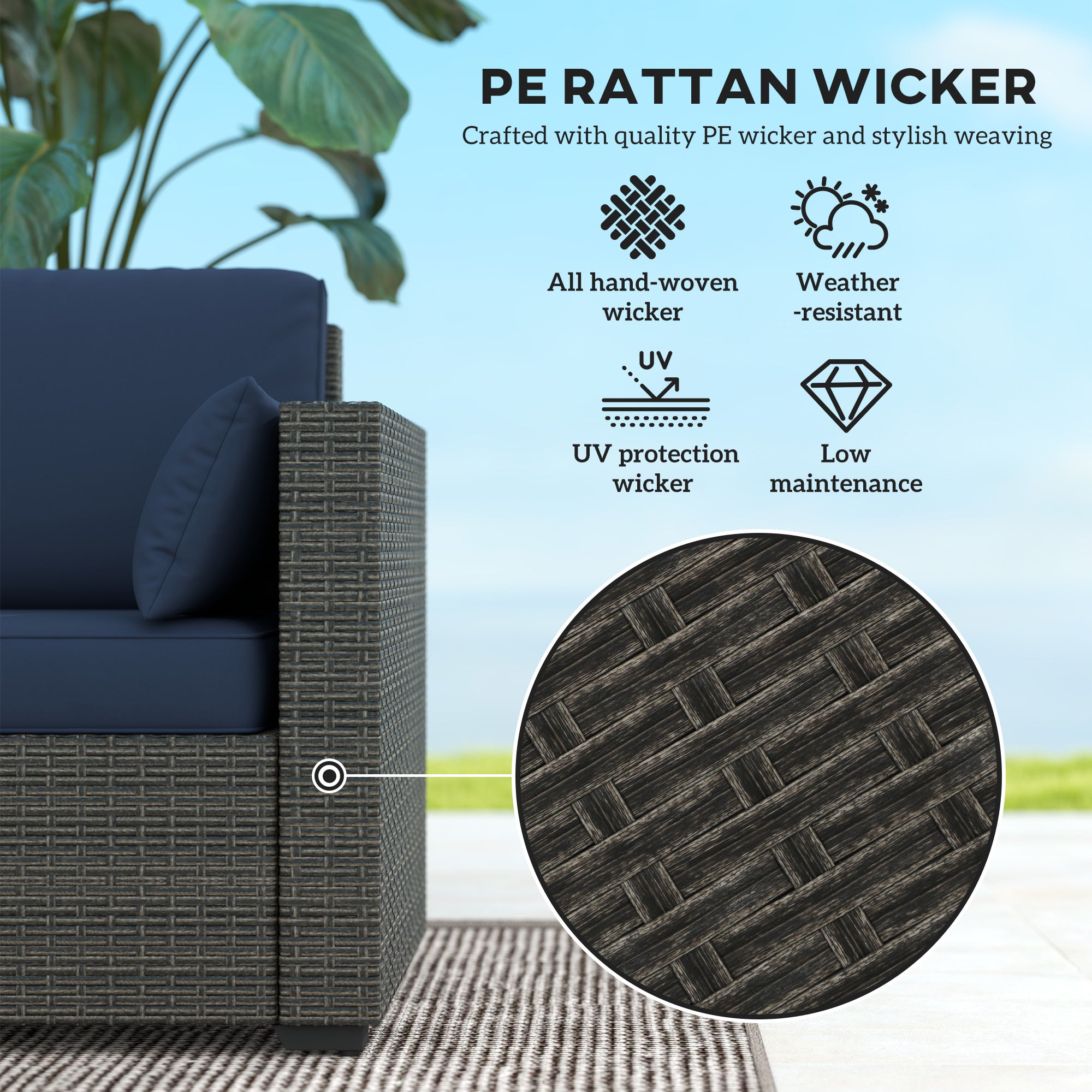 Patio Couch PE Wicker Deep Seating Outdoor Sofa with Removable Cushions, 3 Seater Rattan Sofa, Outdoor Furniture for Balcony, Deck, Garden and Poolside, Navy Blue