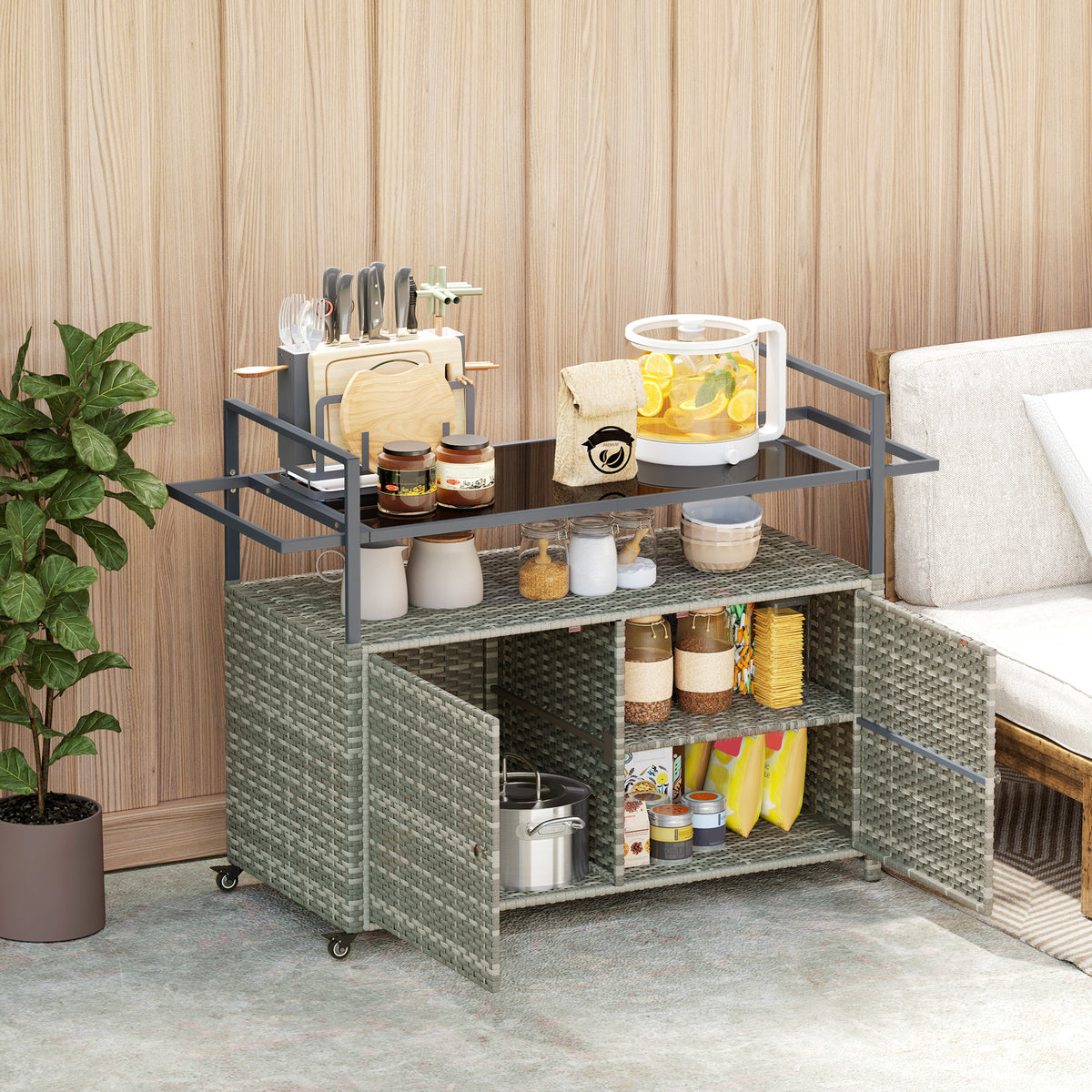 2-Tier Shelf PE Rattan Outdoor Bar Table, Glass Top Outdoor Serving Cart with Cabinet, Mixed Gray