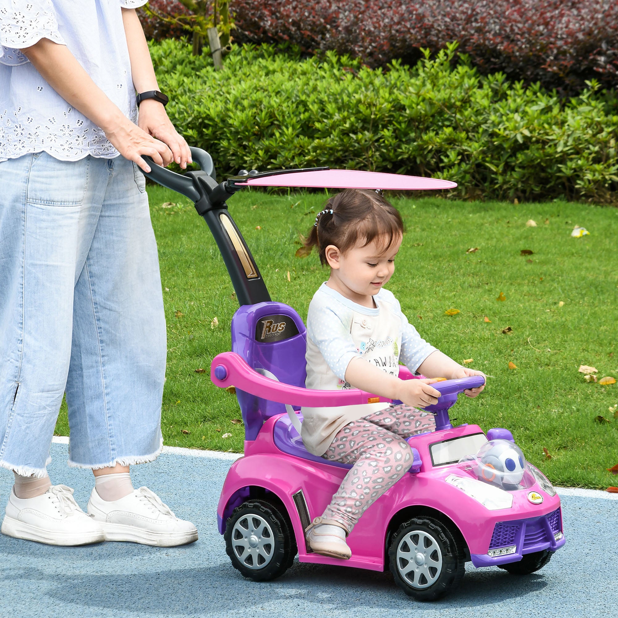 3 in 1 Push Car Sliding Car with Removable Handle, Music, Horn, Canopy, Safety Guardrail, Pink
