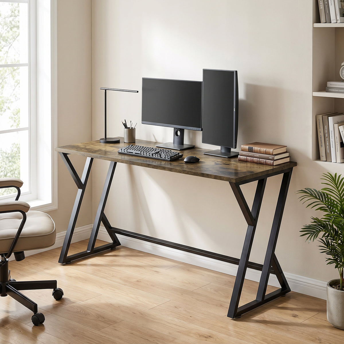 55 Inch Computer Desk, Industrial Writing Desk with Z-Shaped Metal Leg, Study Table for Home Office, Rustic Brown