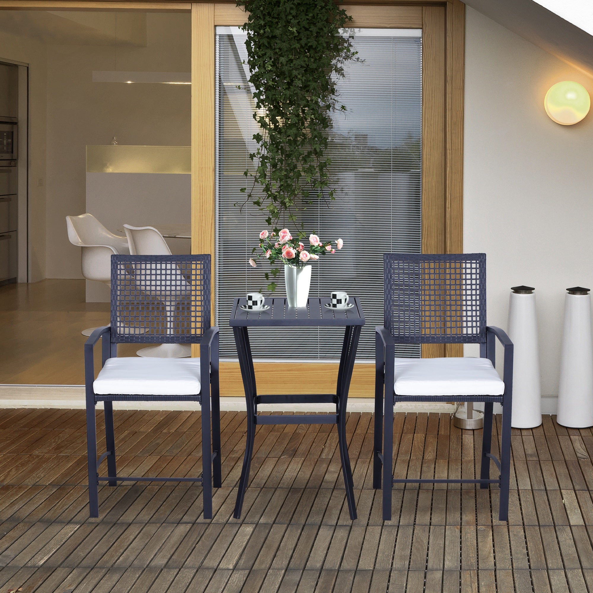 3pcs Patio Bar Set with Soft Cushion, Rattan Wicker Outdoor Furniture Set for Backyards, Lawn, Deck, Poolside