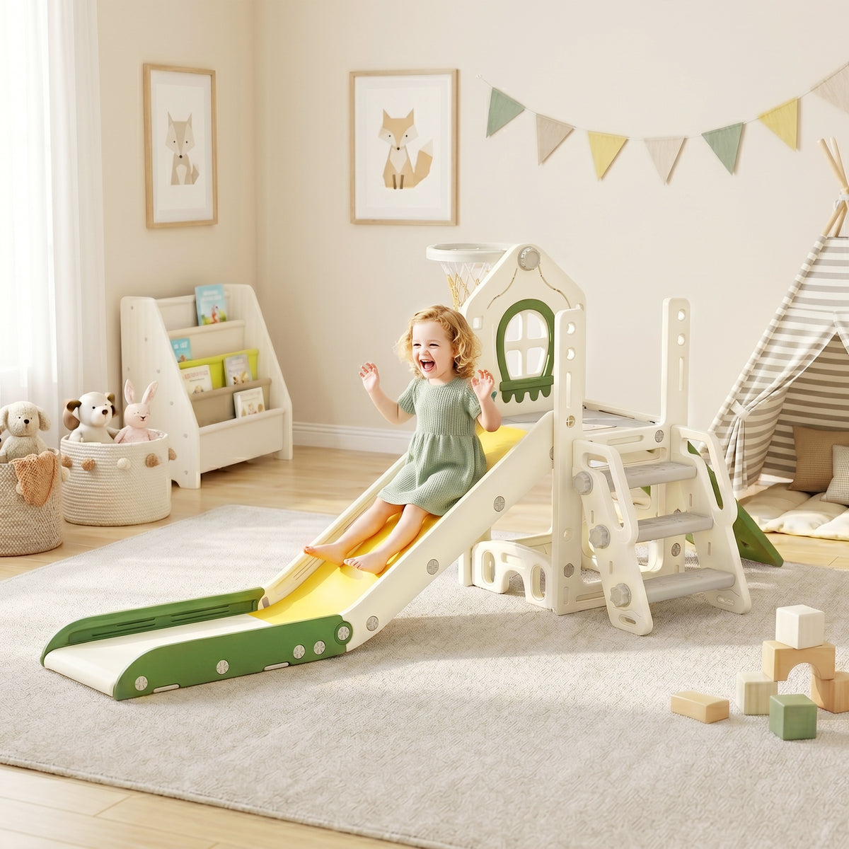 Foldable 5 in 1 Toddler Slide with Ladder, Climbing Wall, Basketball Hoop, Storage and Basketball for 1-3 Years, Cream