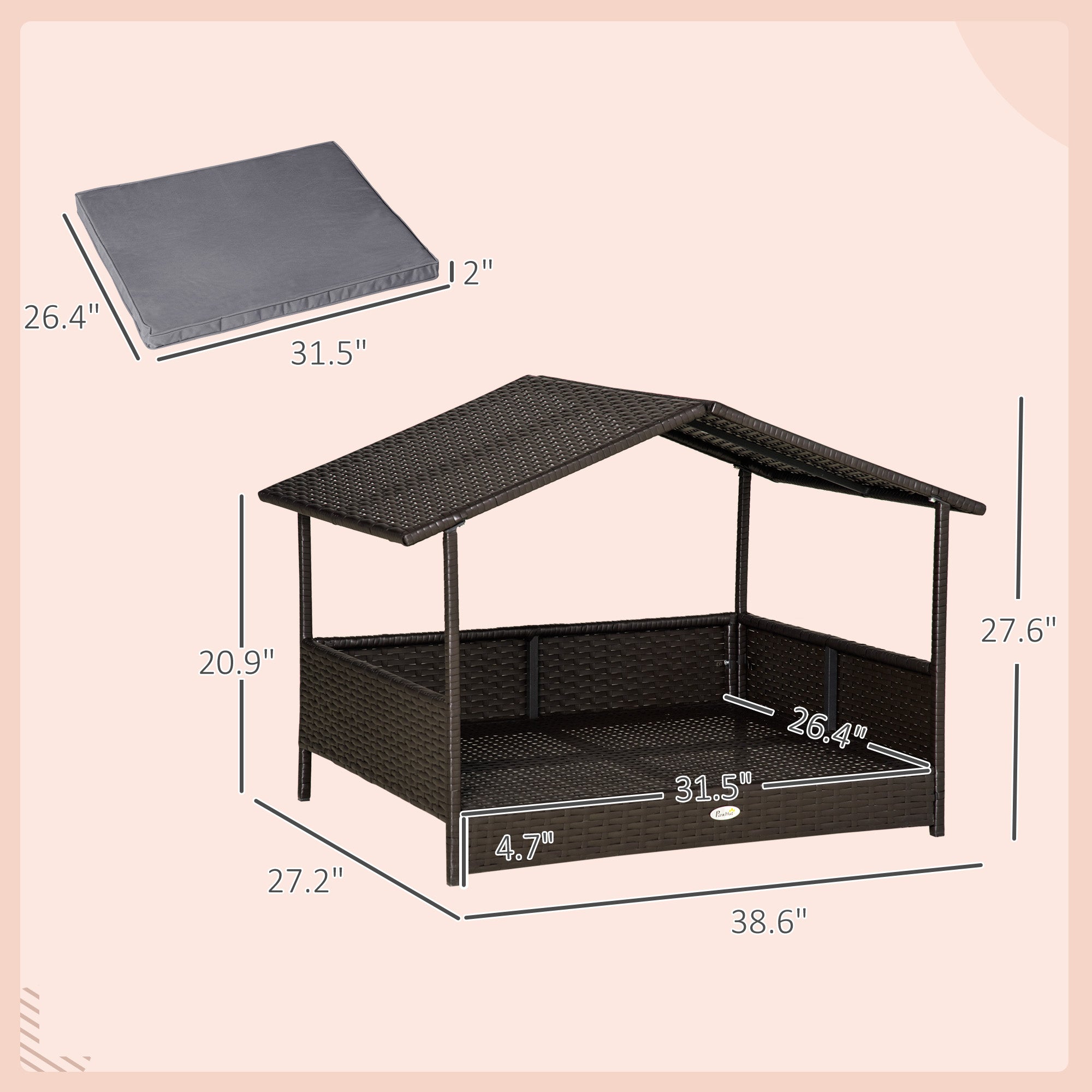 Wicker Dog House Outdoor with Canopy, Rattan Dog Bed with Water-resistant Cushion, Raised Pet Bed for Small, Medium Breeds up to 66 lbs, 20" in Length, Brown Wicker, Gray Cushion