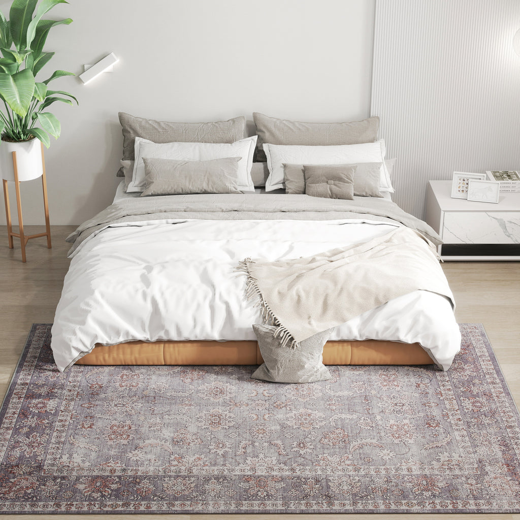 Machine Washable Area Rug 5x7, Non-Slip Traditional Flower Print Floor Carpet for Living Room, Bedroom, Grey and Brown