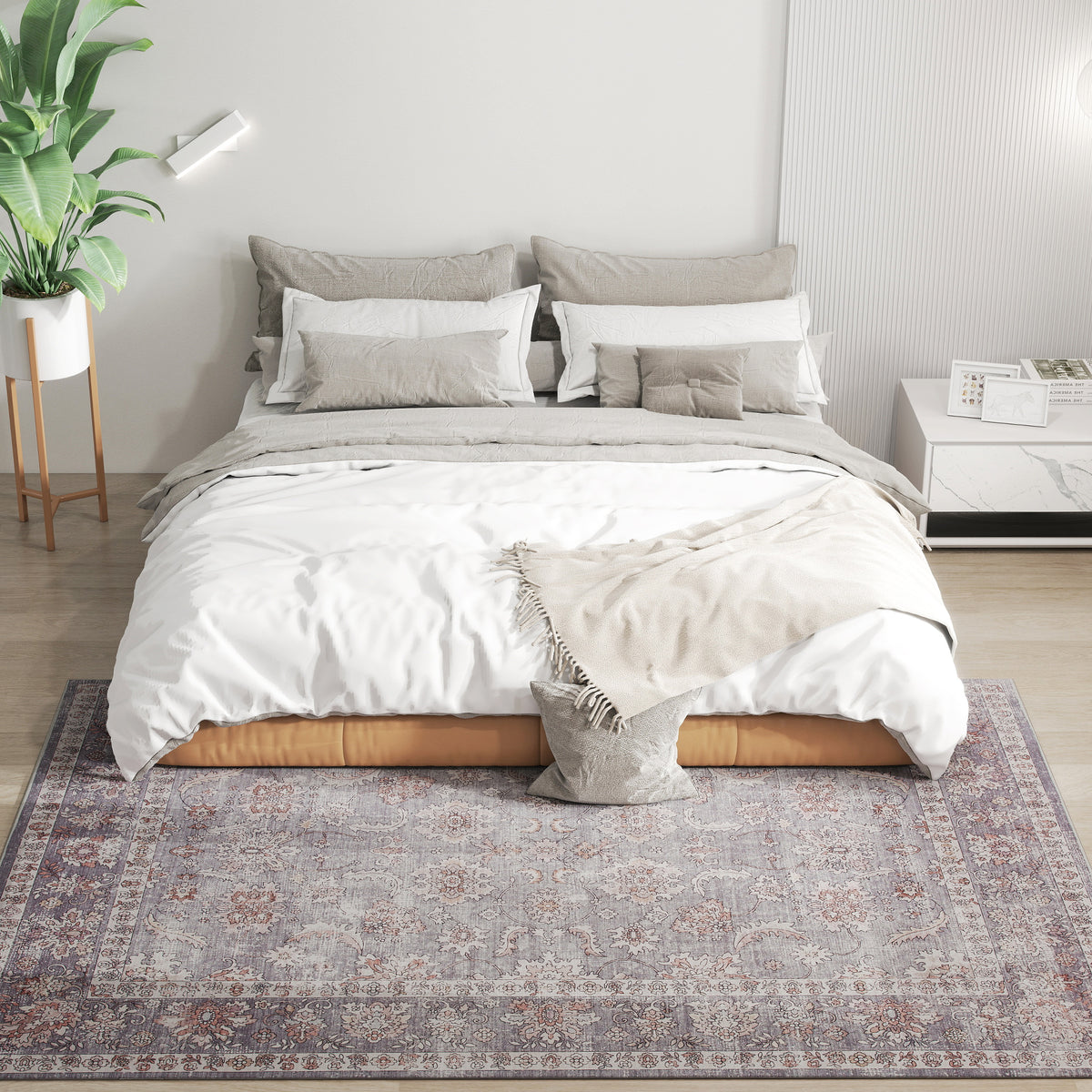Machine Washable Area Rug 5x7, Non-Slip Traditional Flower Print Floor Carpet for Living Room, Bedroom, Grey and Brown