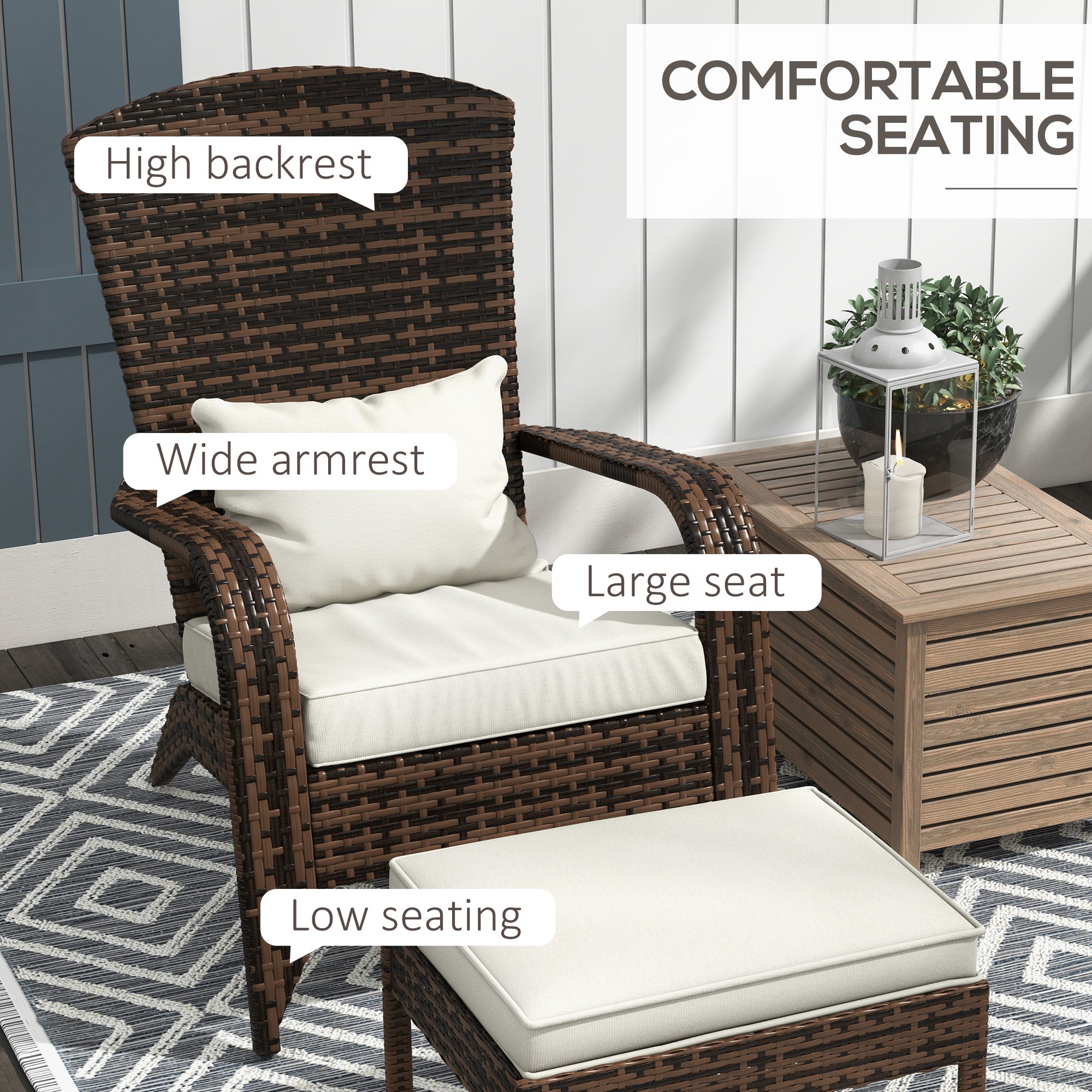 Wicker Adirondack Chair Fire Pit Chair w/ Ottoman & Cushions, White