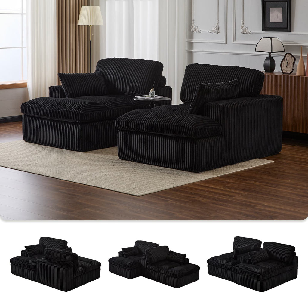Double Chaise Lounge Chair with Deep Seat and Corduroy Fabric, Sectional Love-seat Perfect for Apartments, 82.5'' L x 57'' W x 23.5'' H, Black