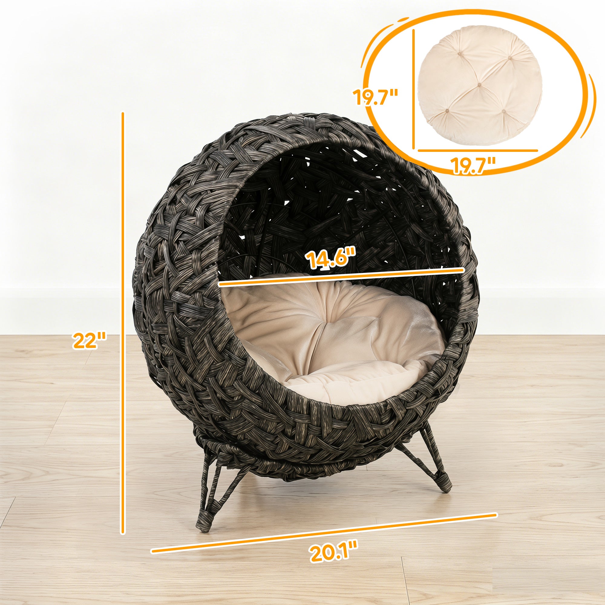 Rattan Cat Bed, Elevated Handwoven Cat Basket Bed with Soft Cushion and Metal Base