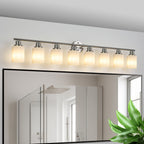 52" 8-Light Vanity Wall Sconce with Frosted Glass Shades, Brushed Nickel Finish, Ideal for Bathroom, Hallway, 52" L x 6.5" W x 10" H, Silver