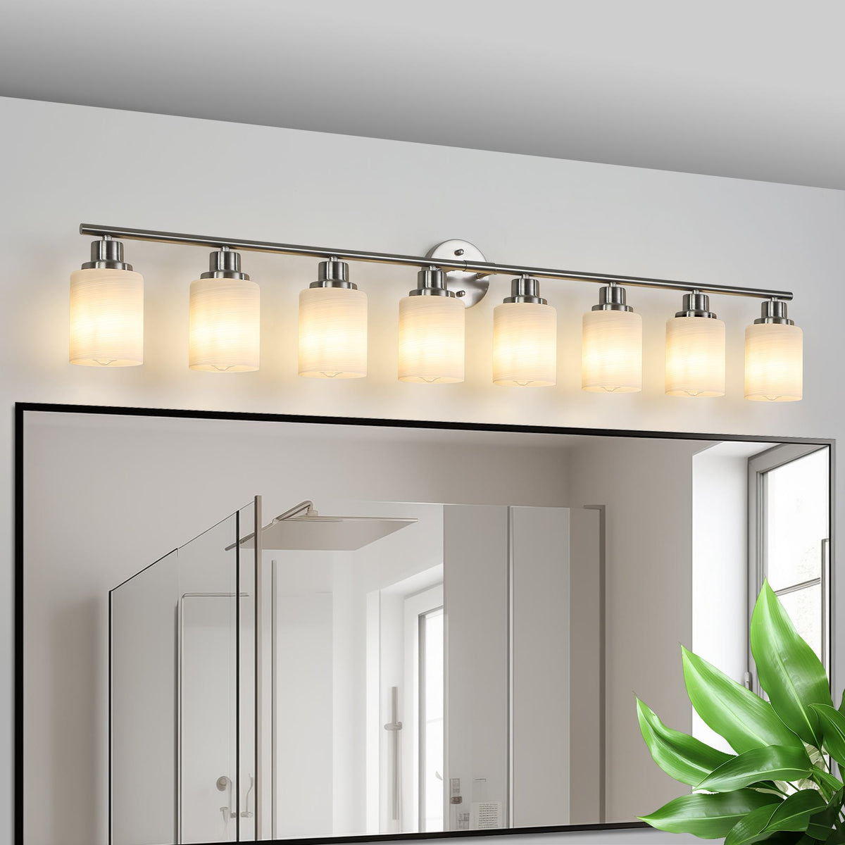 52" 8-Light Vanity Wall Sconce with Frosted Glass Shades, Brushed Nickel Finish, Ideal for Bathroom, Hallway, 52" L x 6.5" W x 10" H, Silver